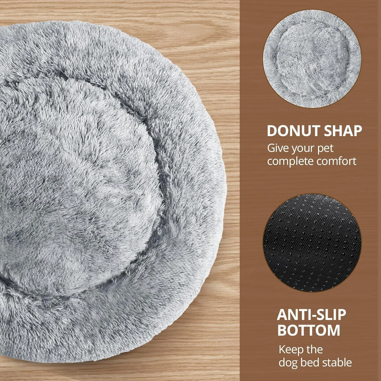 JOLLYVOGUE Large Calming Dog Bed, Anti-Anxiety Donut Cuddler Cat Bed with Anti-Slip Bottom, Fluffy Faux Fur Machine Washable Pet Cushion for Medium Large Dog & Cat, 36"/Smoke Gray