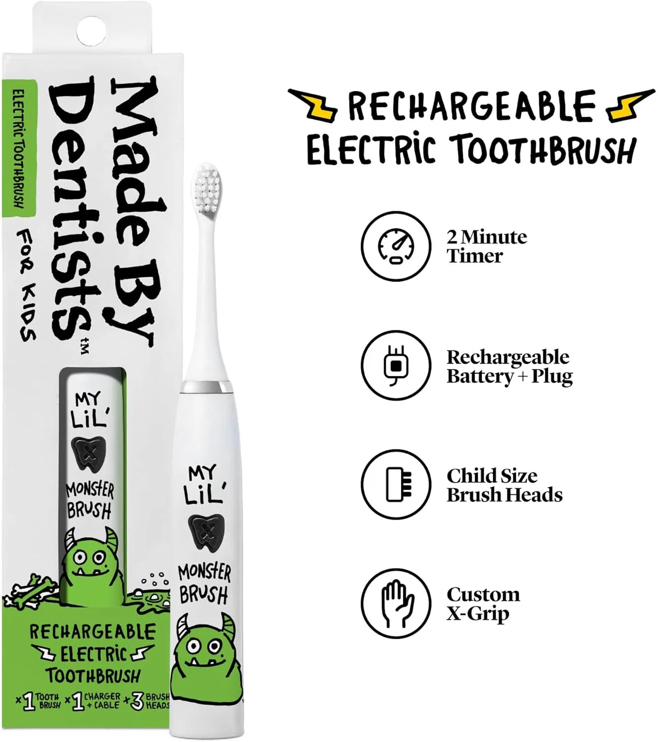 Kids Electric Toothbrush - Rechargeable Vibrating Toothbrush with Timer, Includes 6 Replacement Heads, Gently Cleans Teeth, for Girls and Boys, Kids & Toddlers Age 2 , Cool Monster