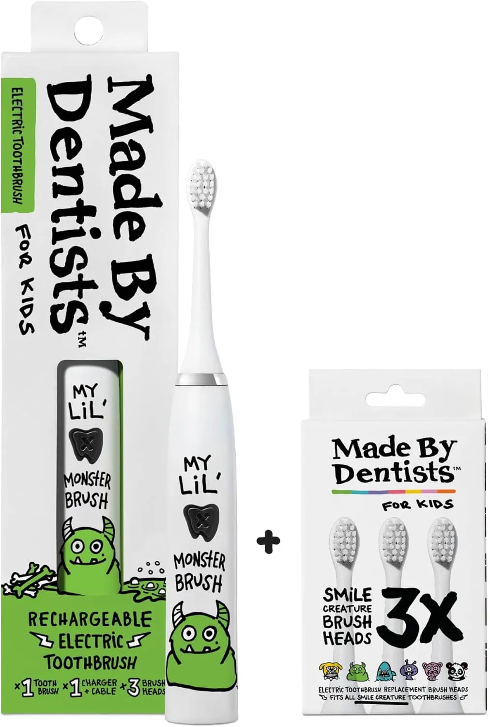 Kids Electric Toothbrush - Rechargeable Vibrating Toothbrush with Timer, Includes 6 Replacement Heads, Gently Cleans Teeth, for Girls and Boys, Kids & Toddlers Age 2 , Cool Monster