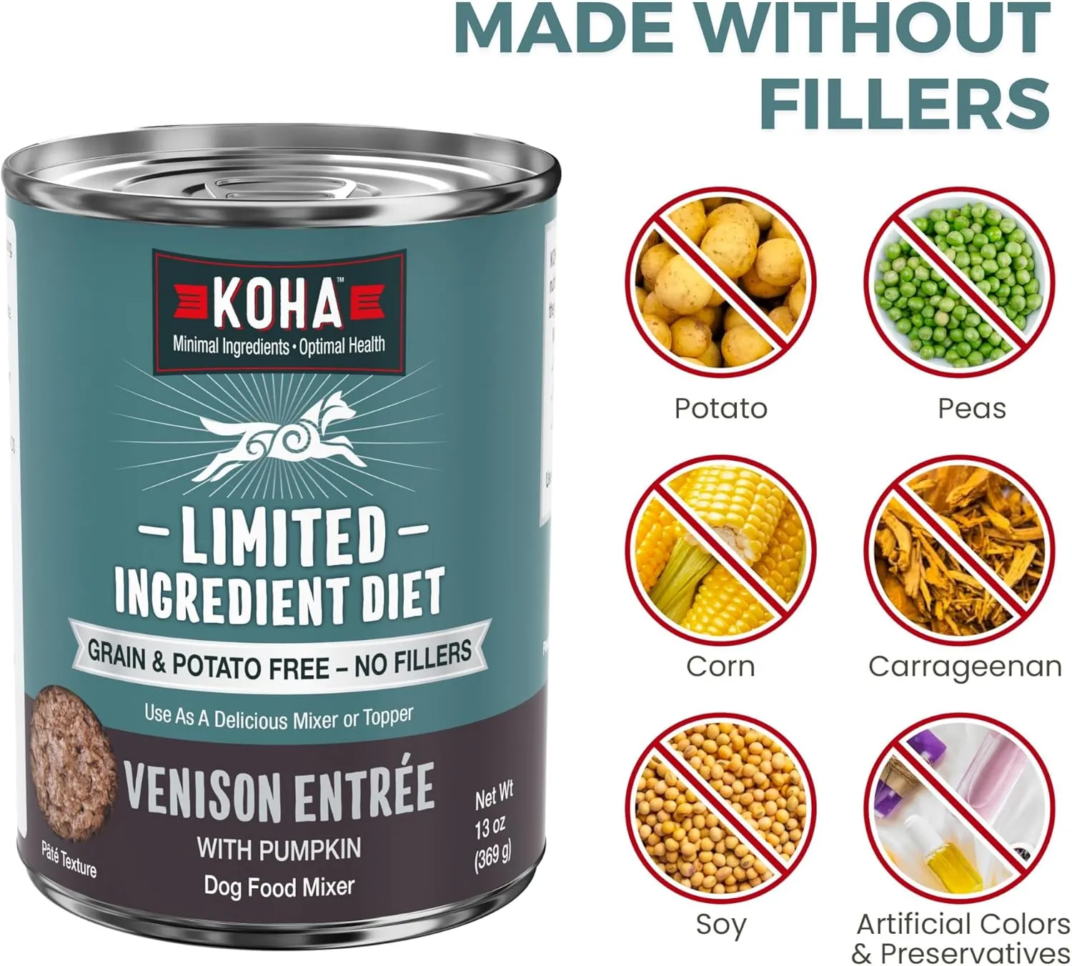 KOHA Limited Ingredient Diet Venison Entre for Dogs - Dog Food Toppers for Picky Eaters - Grain Free Wet Dog Food with No Fillers - Sesnsitive Stomach Venison - 13 oz Pack of 12