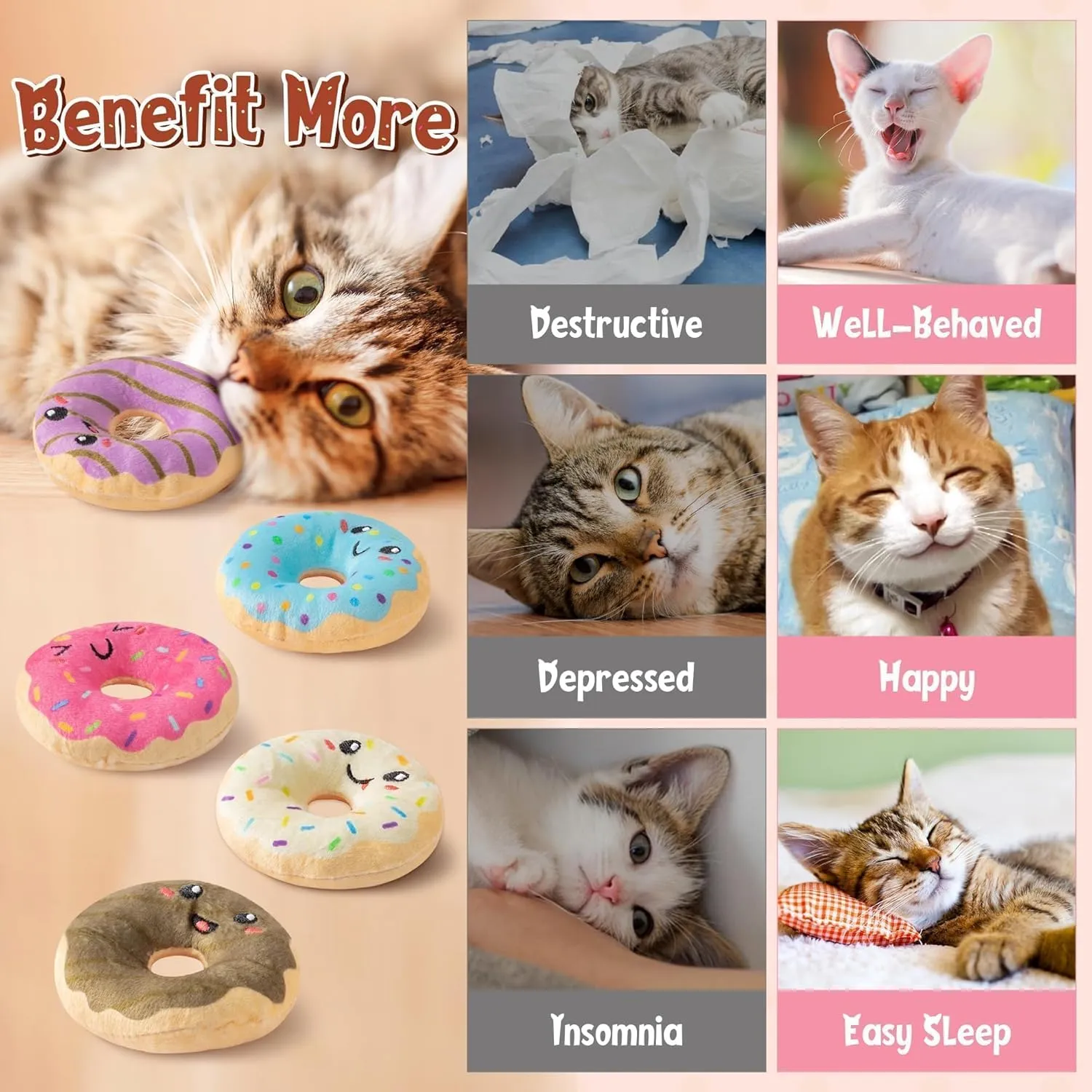 L1rabe Summer Donut Catnip Stuffed Toys - 5Pcs Funny Dessert Cat Toys Black Cat Appreciation Day Pet Supplies, Indoor Cats Chew Bite Teething Tools Kittens Catmint Birthday Gifts Interactive Supplies
