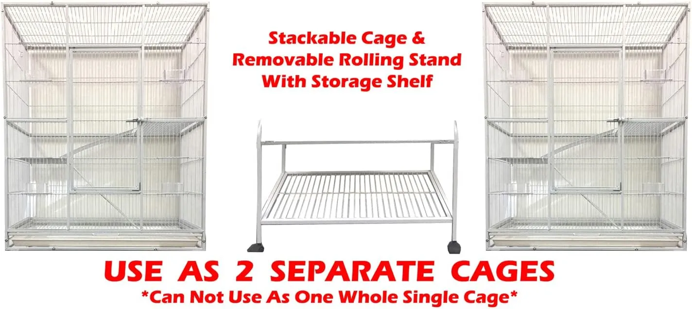 Large Double Durable Stacker Breeding Bird Flight Parrrot Separate Cages Side Nesting Box Doors Double Feeder Cup Easy Clean Pull Out Grate & Tray with Detachable Rolling Stand