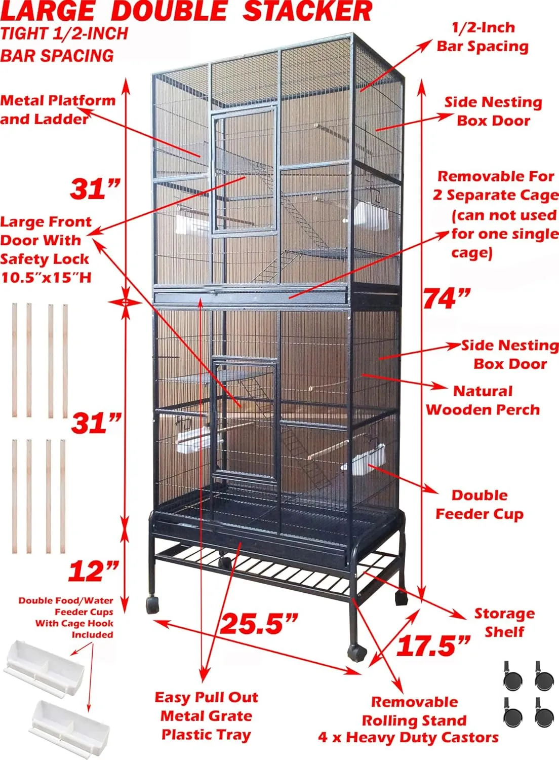 Large Double Durable Stacker Breeding Bird Flight Parrrot Separate Cages Side Nesting Box Doors Double Feeder Cup Easy Clean Pull Out Grate & Tray with Detachable Rolling Stand