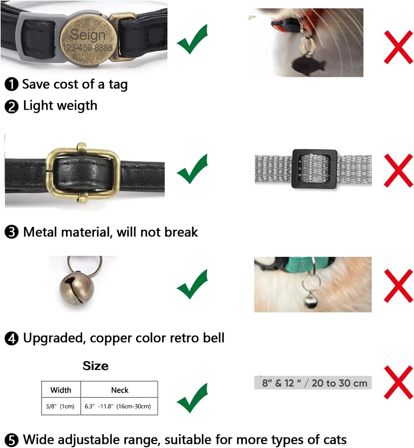 Leather Cat Collar Breakaway, Custom Cat Kitten Collar with Bells, Personalized Cat Collars with Name and Phone Number for Boy Girl Cats (Black, 6.3-11.8)