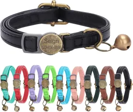 Leather Cat Collar Breakaway, Custom Cat Kitten Collar with Bells, Personalized Cat Collars with Name and Phone Number for Boy Girl Cats (Black, 6.3-11.8)