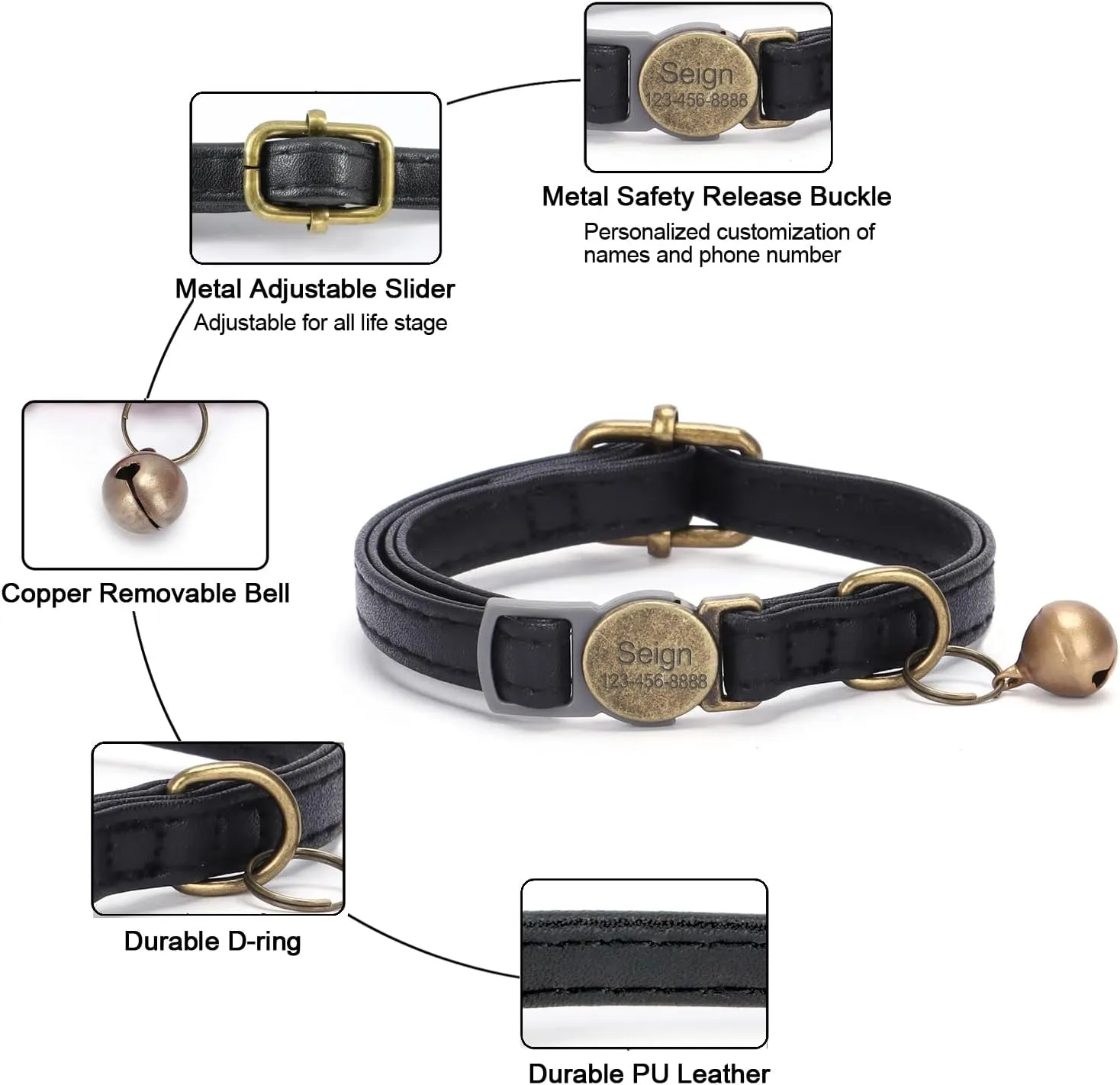 Leather Cat Collar Breakaway, Custom Cat Kitten Collar with Bells, Personalized Cat Collars with Name and Phone Number for Boy Girl Cats (Black, 6.3-11.8)