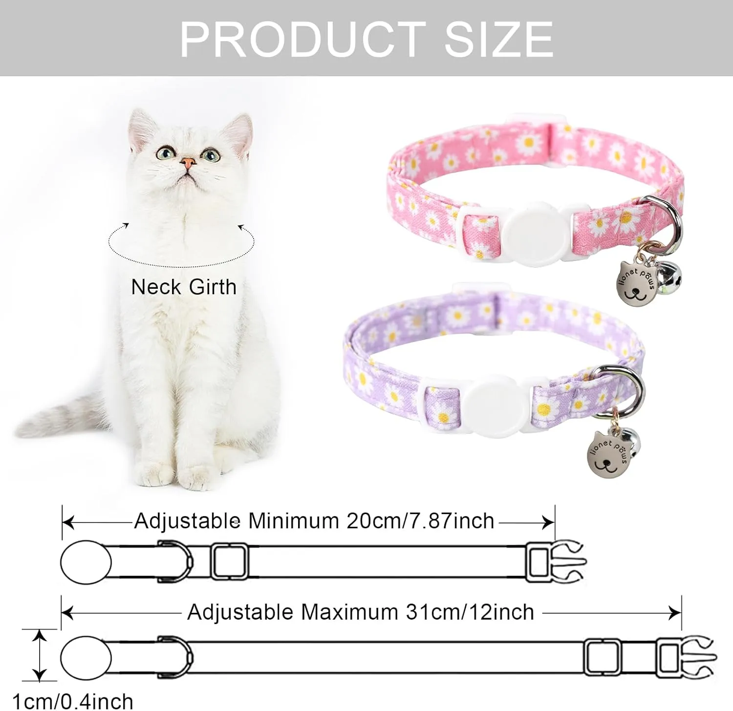 Lionet Paws 2pcs Pack Cotton Cat Collar,Breakaway Buckle with Daisy Pattern and Brand Pendant Cute Adjustable Cat Kitten Collar,Ideal for Girl Cats Boy Cats