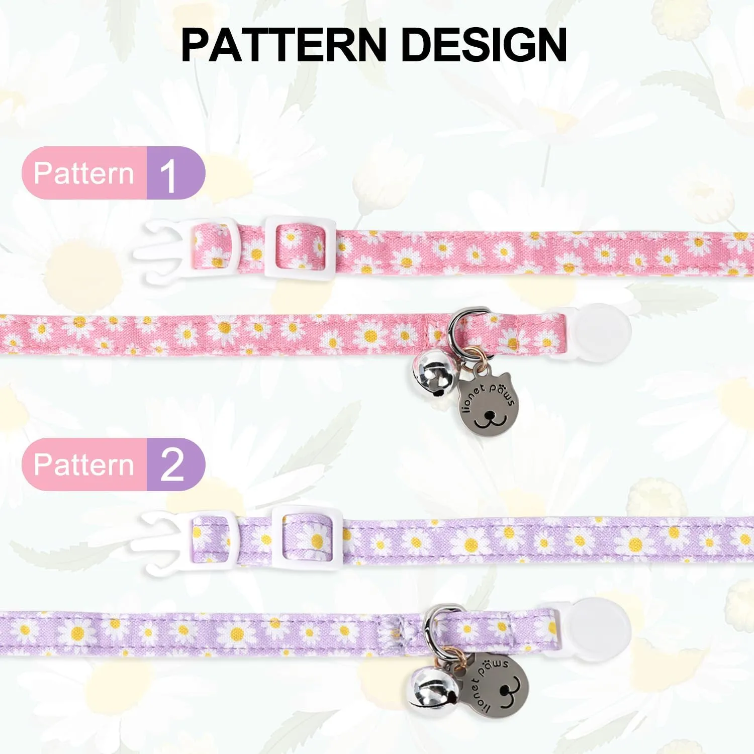 Lionet Paws 2pcs Pack Cotton Cat Collar,Breakaway Buckle with Daisy Pattern and Brand Pendant Cute Adjustable Cat Kitten Collar,Ideal for Girl Cats Boy Cats