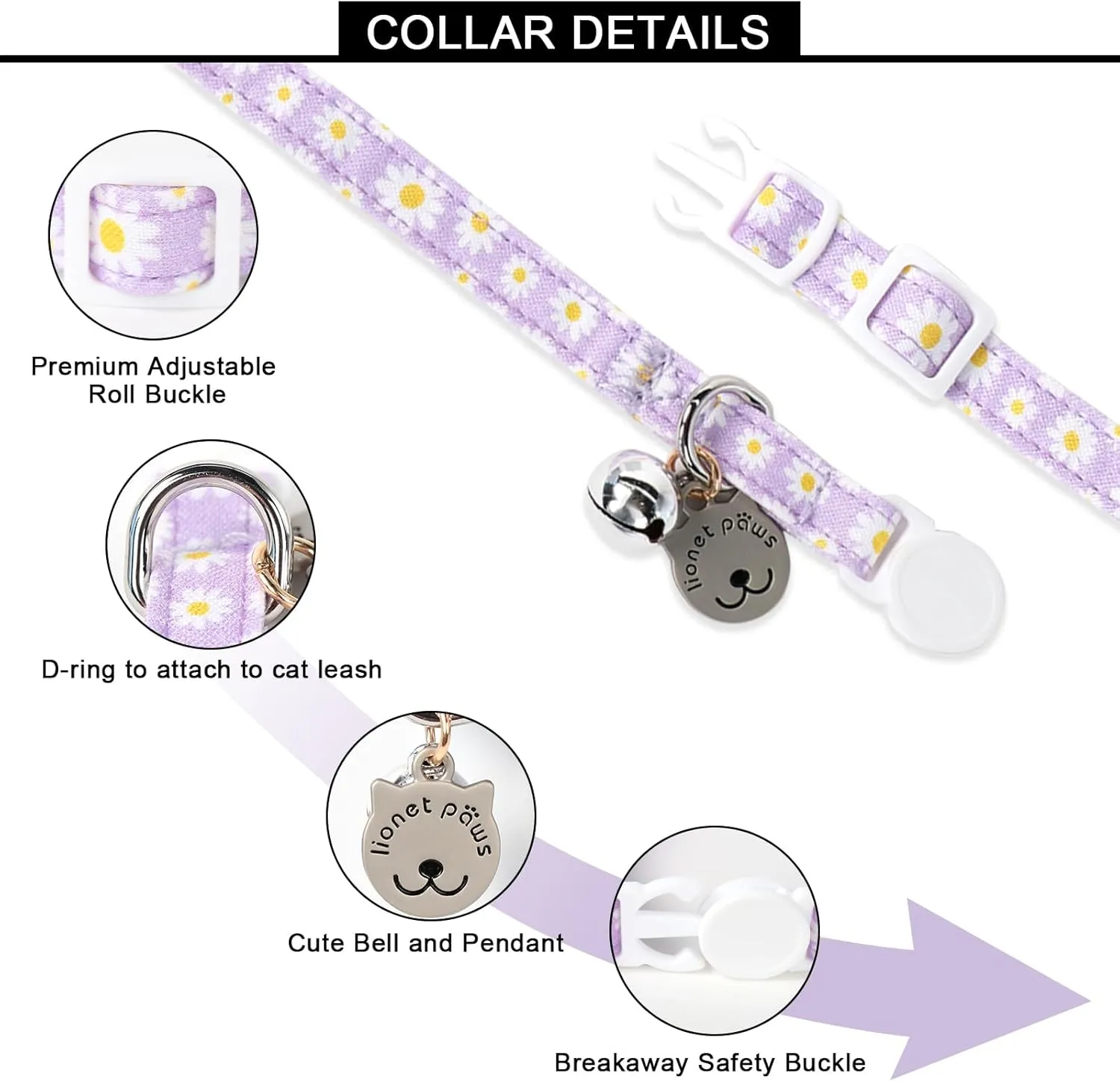 Lionet Paws 2pcs Pack Cotton Cat Collar,Breakaway Buckle with Daisy Pattern and Brand Pendant Cute Adjustable Cat Kitten Collar,Ideal for Girl Cats Boy Cats