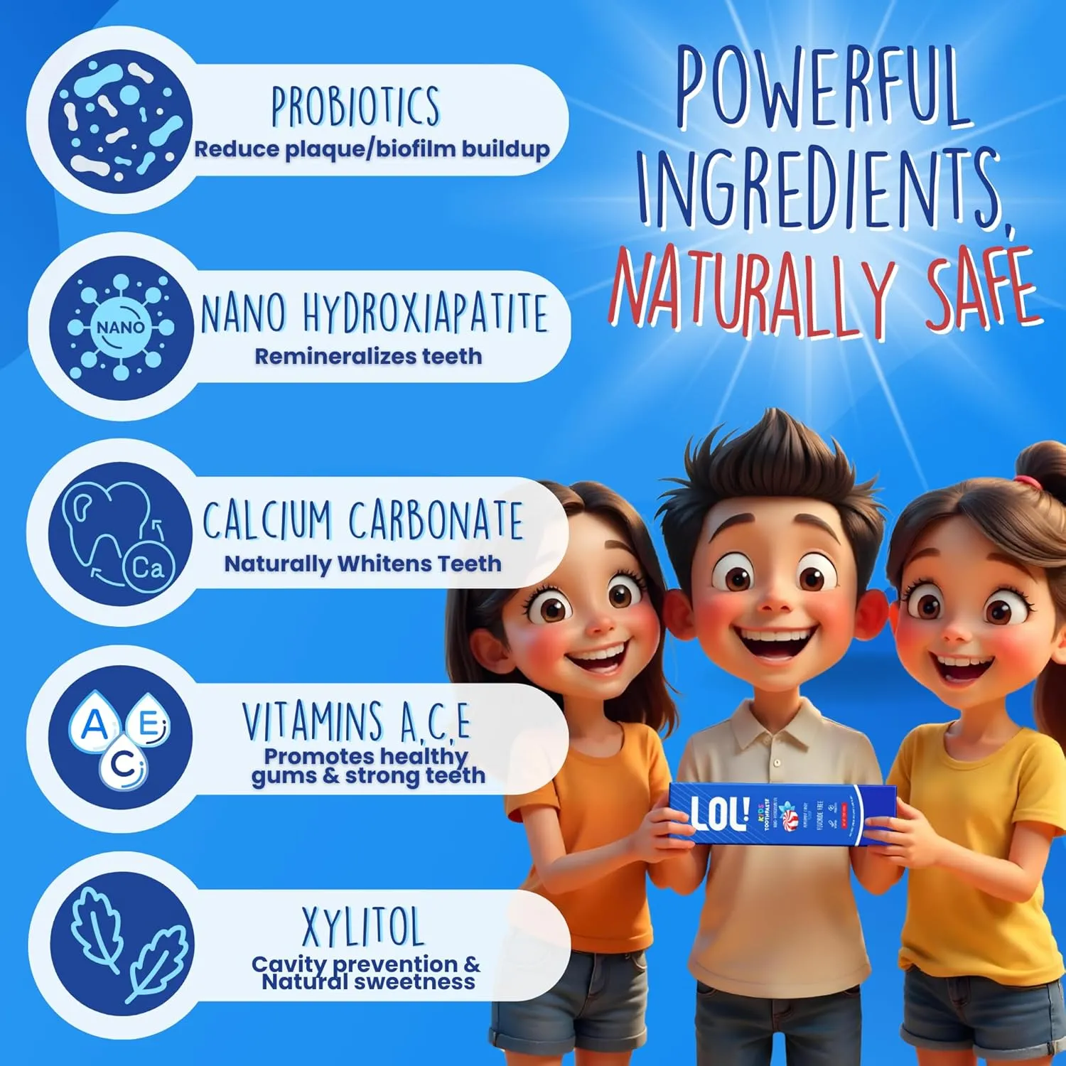 LOL Kids Toothpaste Fluoride-Free Nano Hydroxyapatite, Probiotics & Vitamins Remineralizing | Natural Ingredients | Safe if Swallow | Vegetable-Based Foaming Agent. for Toddler Children & Parents
