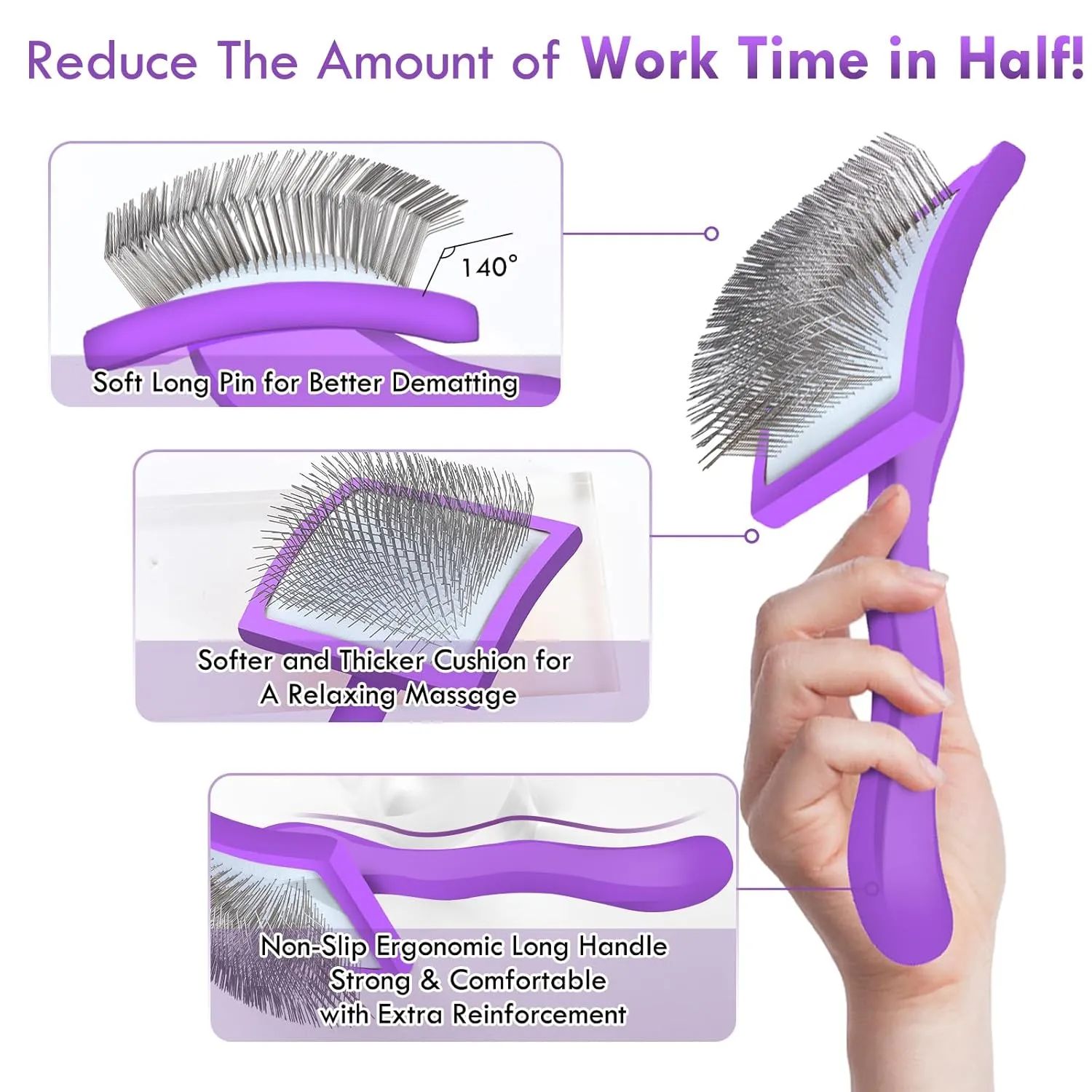 Long Pin Dog Slicker Brush for Long Haired Dogs, Removes Loose Hair, Tangles and Knots, Professional Pet Grooming Kit, Purple