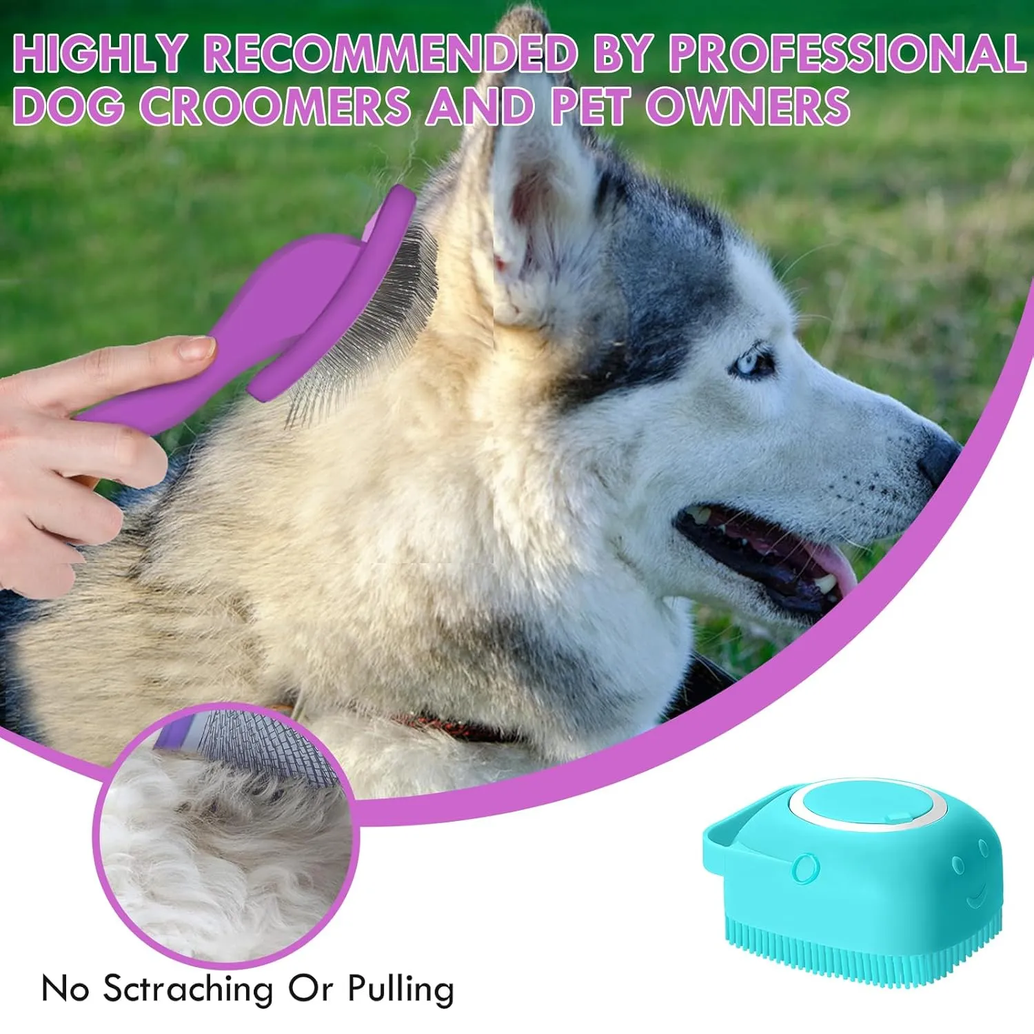 Long Pin Dog Slicker Brush for Long Haired Dogs, Removes Loose Hair, Tangles and Knots, Professional Pet Grooming Kit, Purple