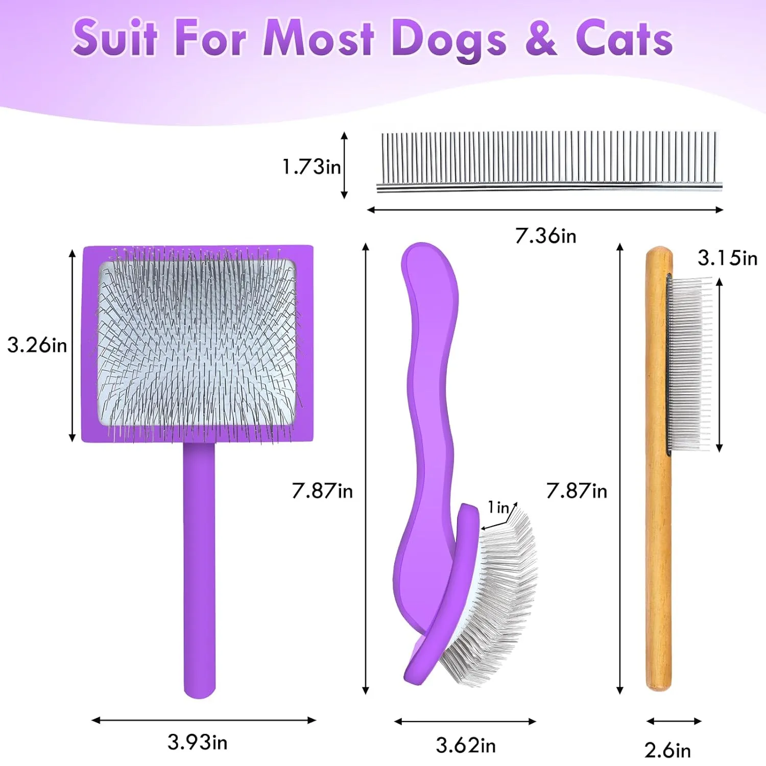 Long Pin Dog Slicker Brush for Long Haired Dogs, Removes Loose Hair, Tangles and Knots, Professional Pet Grooming Kit, Purple