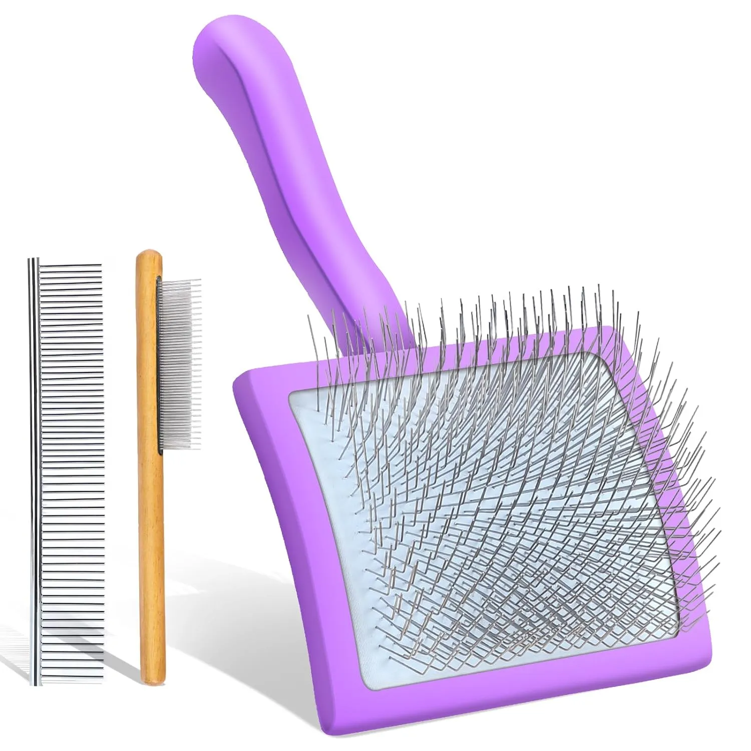 Long Pin Dog Slicker Brush for Long Haired Dogs, Removes Loose Hair, Tangles and Knots, Professional Pet Grooming Kit, Purple