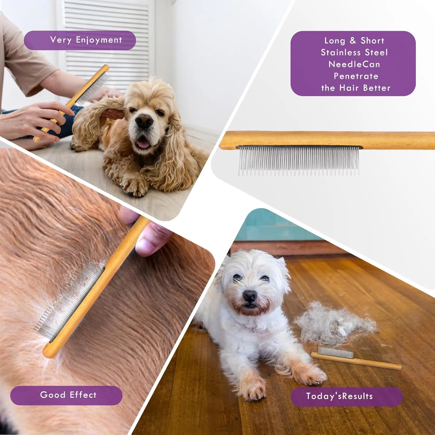 Long Pin Dog Slicker Brush for Long Haired Dogs, Removes Loose Hair, Tangles and Knots, Professional Pet Grooming Kit, Purple