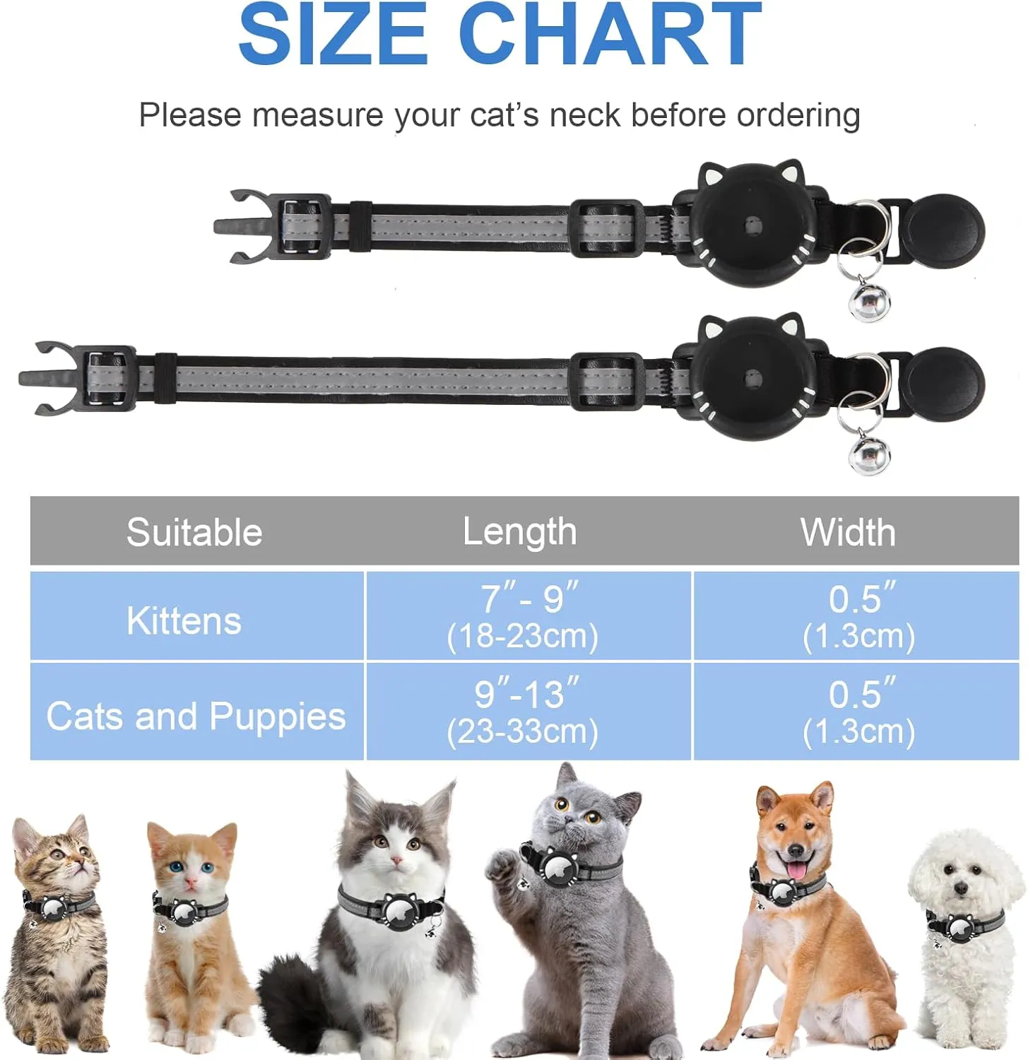 Luminous Airtag Cat Collar, Reflective Air Tag Cat Collar with Airtag Holder, Breakaway Tracker Pets Kitten Collar, Black, S(9-13 Inch)