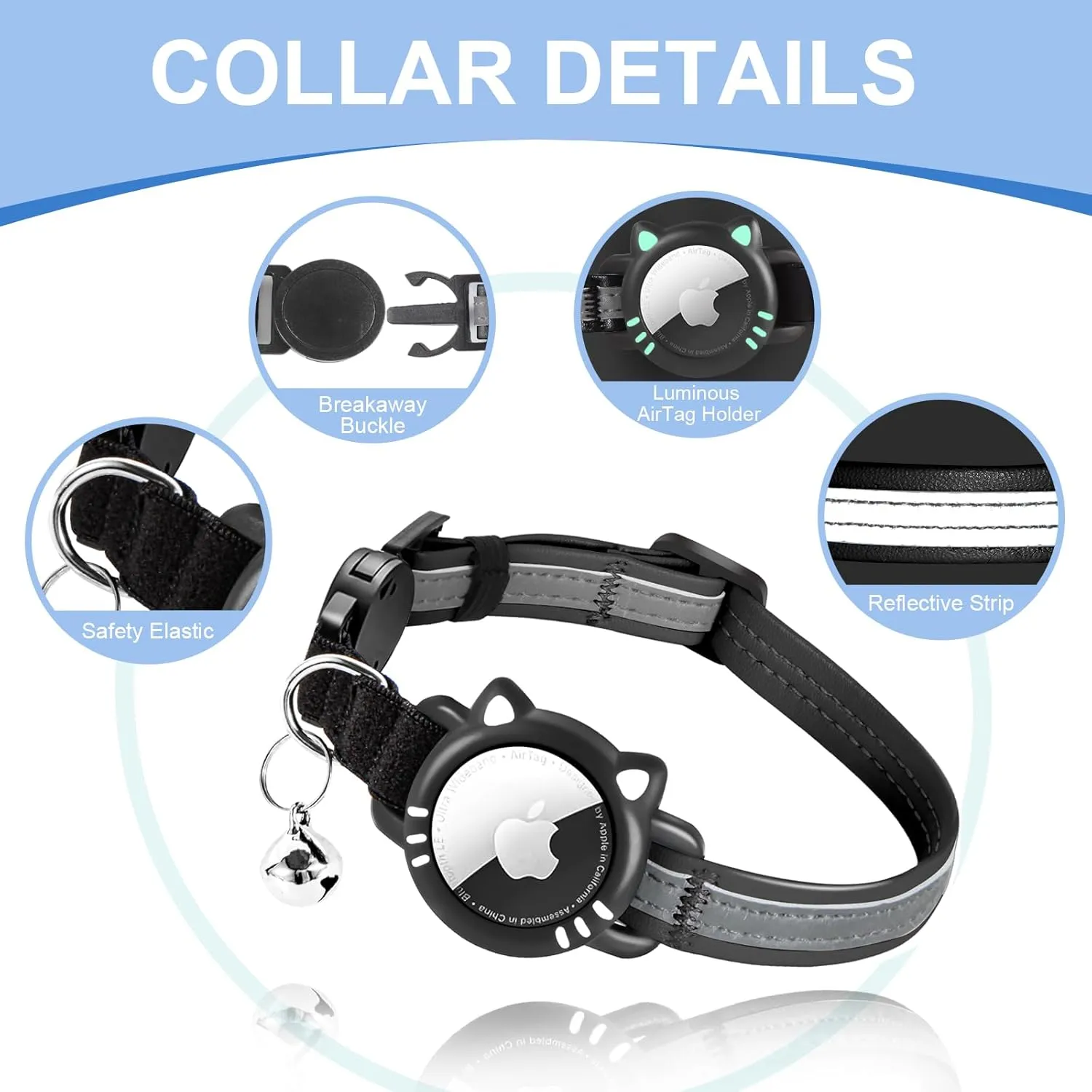 Luminous Airtag Cat Collar, Reflective Air Tag Cat Collar with Airtag Holder, Breakaway Tracker Pets Kitten Collar, Black, S(9-13 Inch)