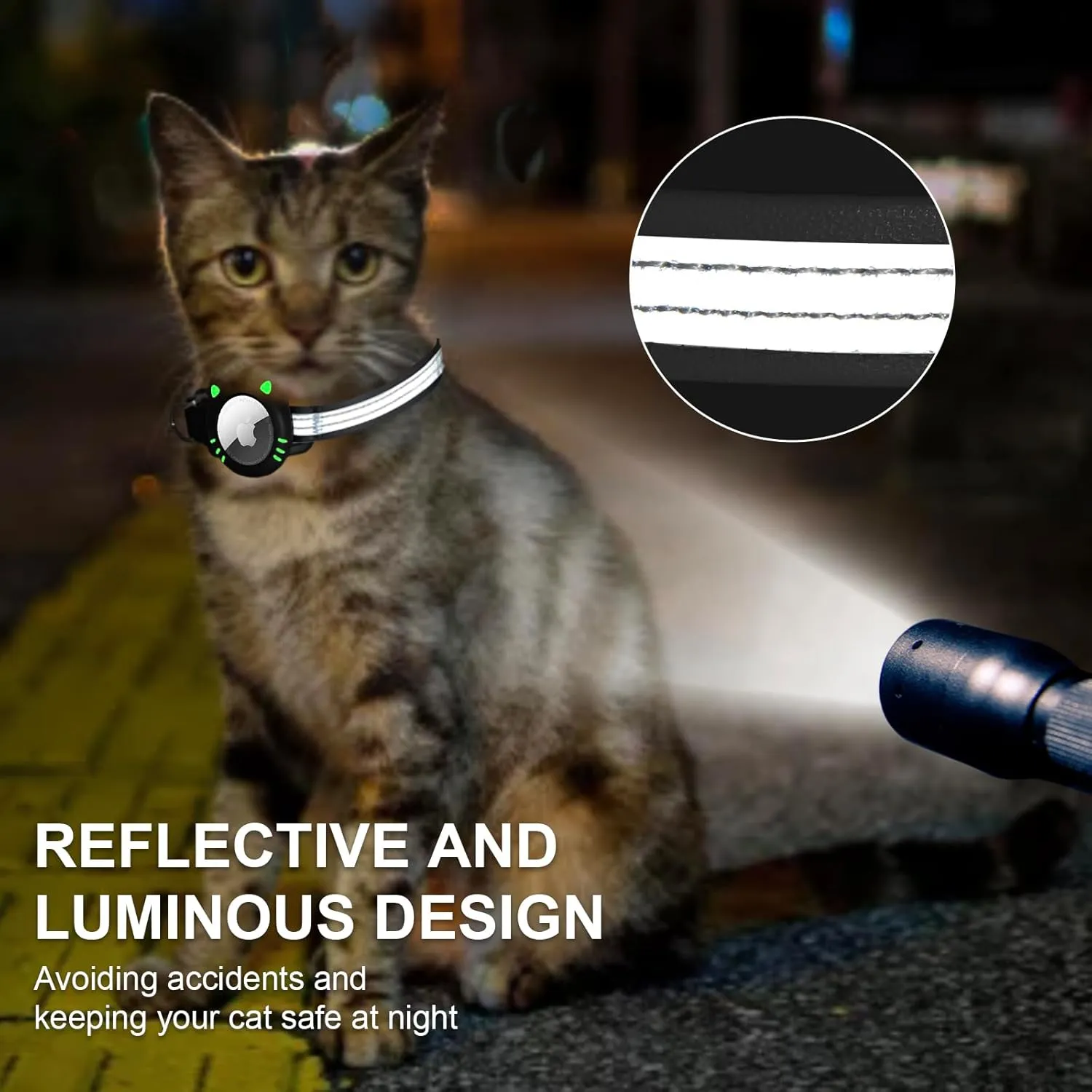 Luminous Airtag Cat Collar, Reflective Air Tag Cat Collar with Airtag Holder, Breakaway Tracker Pets Kitten Collar, Black, S(9-13 Inch)