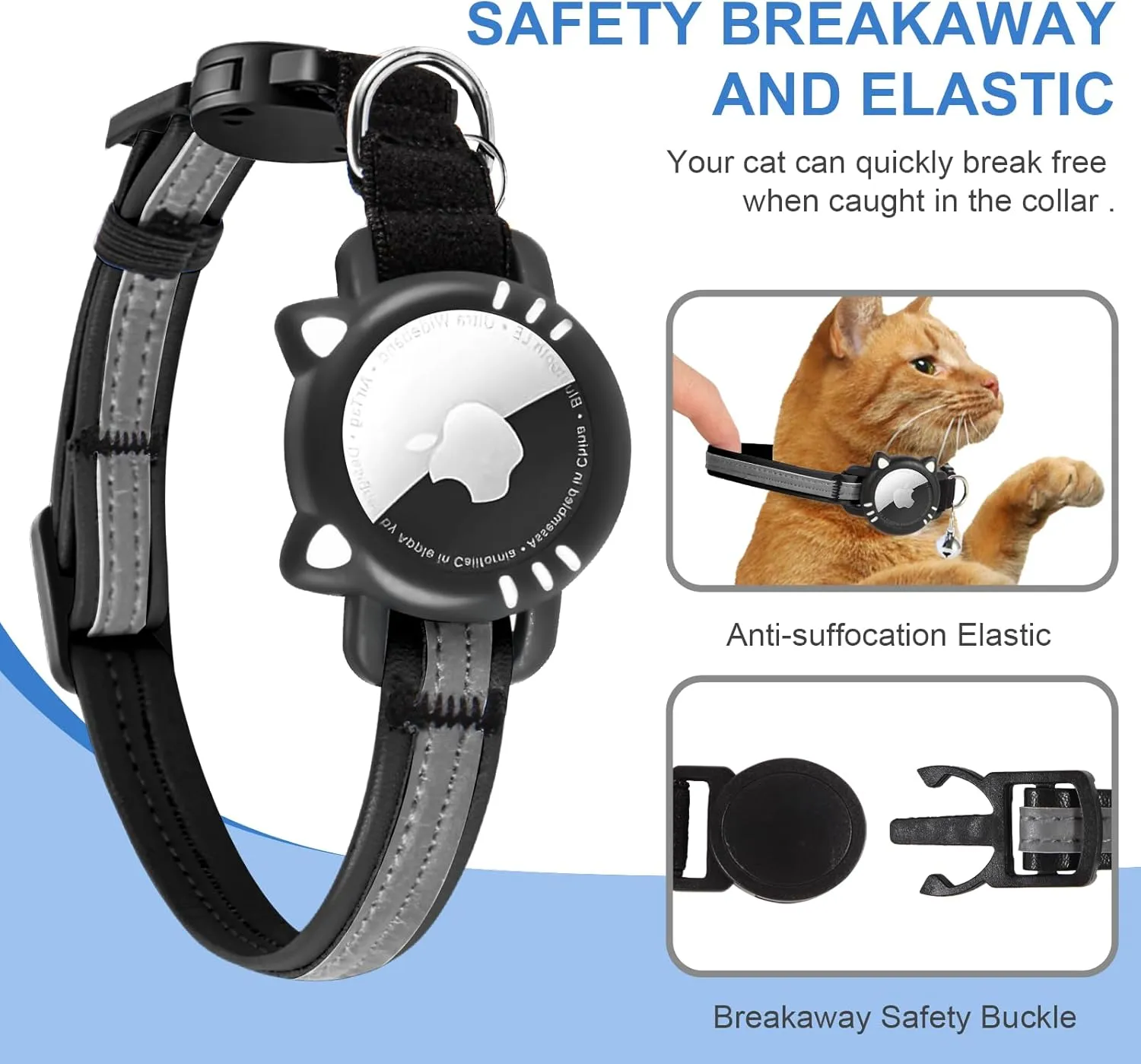 Luminous Airtag Cat Collar, Reflective Air Tag Cat Collar with Airtag Holder, Breakaway Tracker Pets Kitten Collar, Black, S(9-13 Inch)