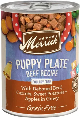 Merrick Grain Free Wet Puppy Food, Premium Soft And Gluten Free Canned Dog Food, Puppy Plate Beef Recipe - (Pack of 12) 12.7 oz. Cans