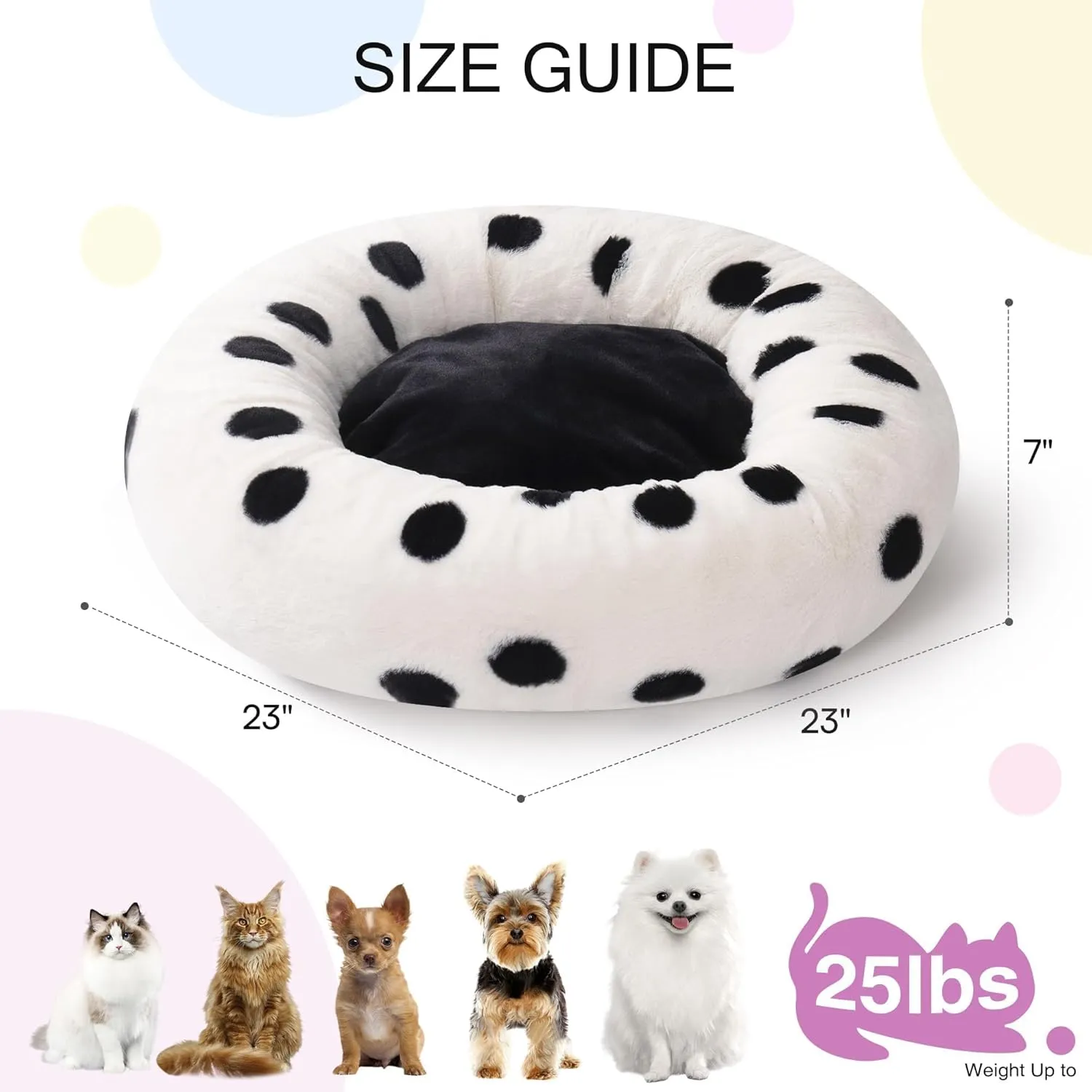 MEWOOFUN Cat Beds for Indoor Cats, Wahable Small Dogs Bed Donut Cat Bed, Round Cat Bed with Non-Slip Bottom, Cute Cat Couch Fluffy Pet Bed for Puppy and Kitten (23 inch, Black Dot Plush)