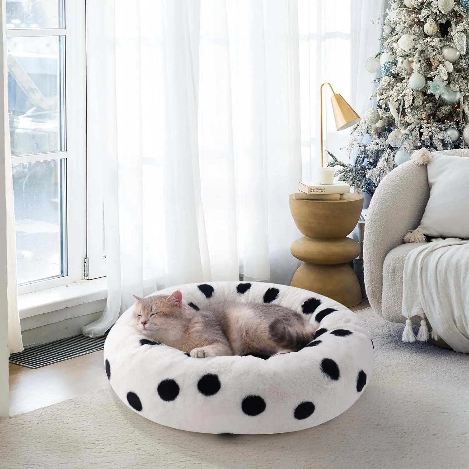 MEWOOFUN Cat Beds for Indoor Cats, Wahable Small Dogs Bed Donut Cat Bed, Round Cat Bed with Non-Slip Bottom, Cute Cat Couch Fluffy Pet Bed for Puppy and Kitten (23 inch, Black Dot Plush)