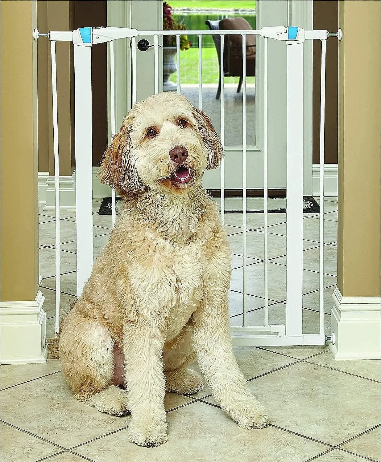 MidWest Homes for Pets 39 Inches Tall Walk-Though Steel Pet Gate, Pressure Mounted Dog Gate with Glow Strip Measures 29-38 Inches Wide & Includes Two 3-Inch-Wide Extensions, White