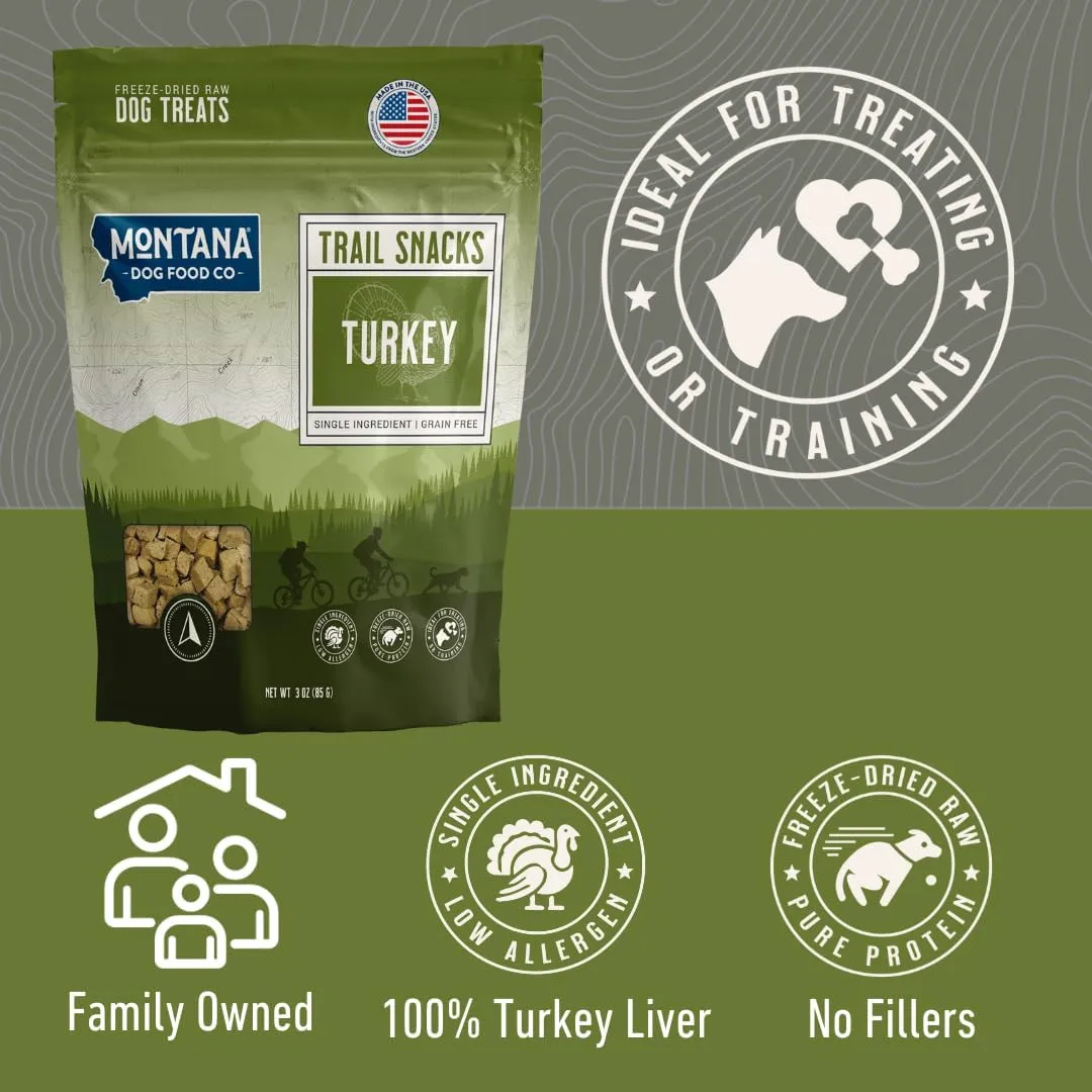 MONTANA DOG FOOD CO. Freeze-Dried Turkey Liver Dog Treats  100% Natural, Single Ingredient, High Protein, Grain-Free, Made in USA  3 oz Bag