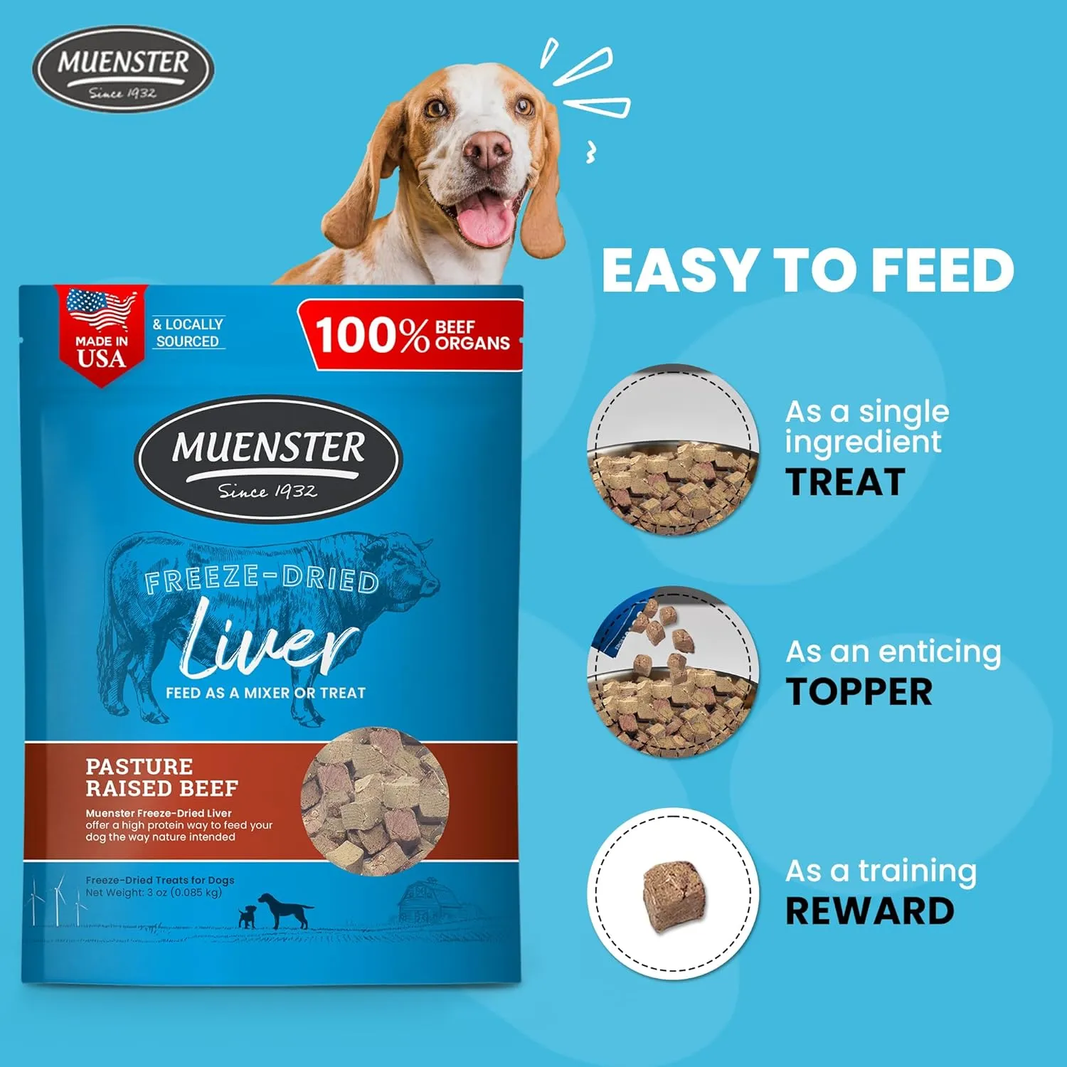 Muenster Freeze Dried Beef Liver Bites - Dog Treats, Mixer or Topper (3oz) - One Ingredient