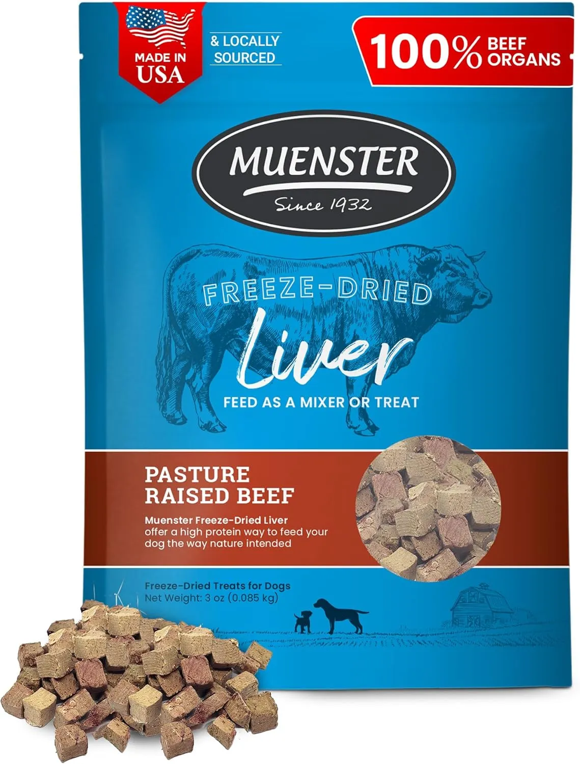 Muenster Freeze Dried Beef Liver Bites - Dog Treats, Mixer or Topper (3oz) - One Ingredient