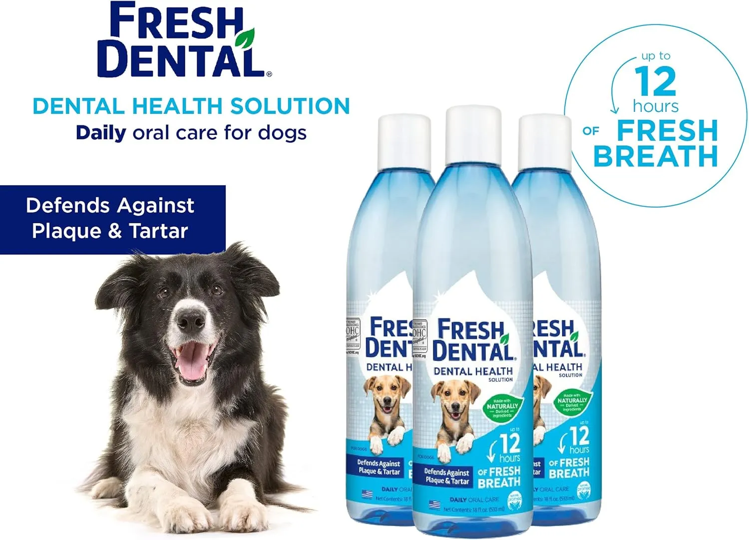 Naturel Promise Fresh Dental Dental Health Solution for Dogs, 18oz - 3 Pack - Oral Health Solution for Dogs - Easy to Use - Helps Clean Teeth - Freshens Breath Up to 12 Hours - No Brushing Required