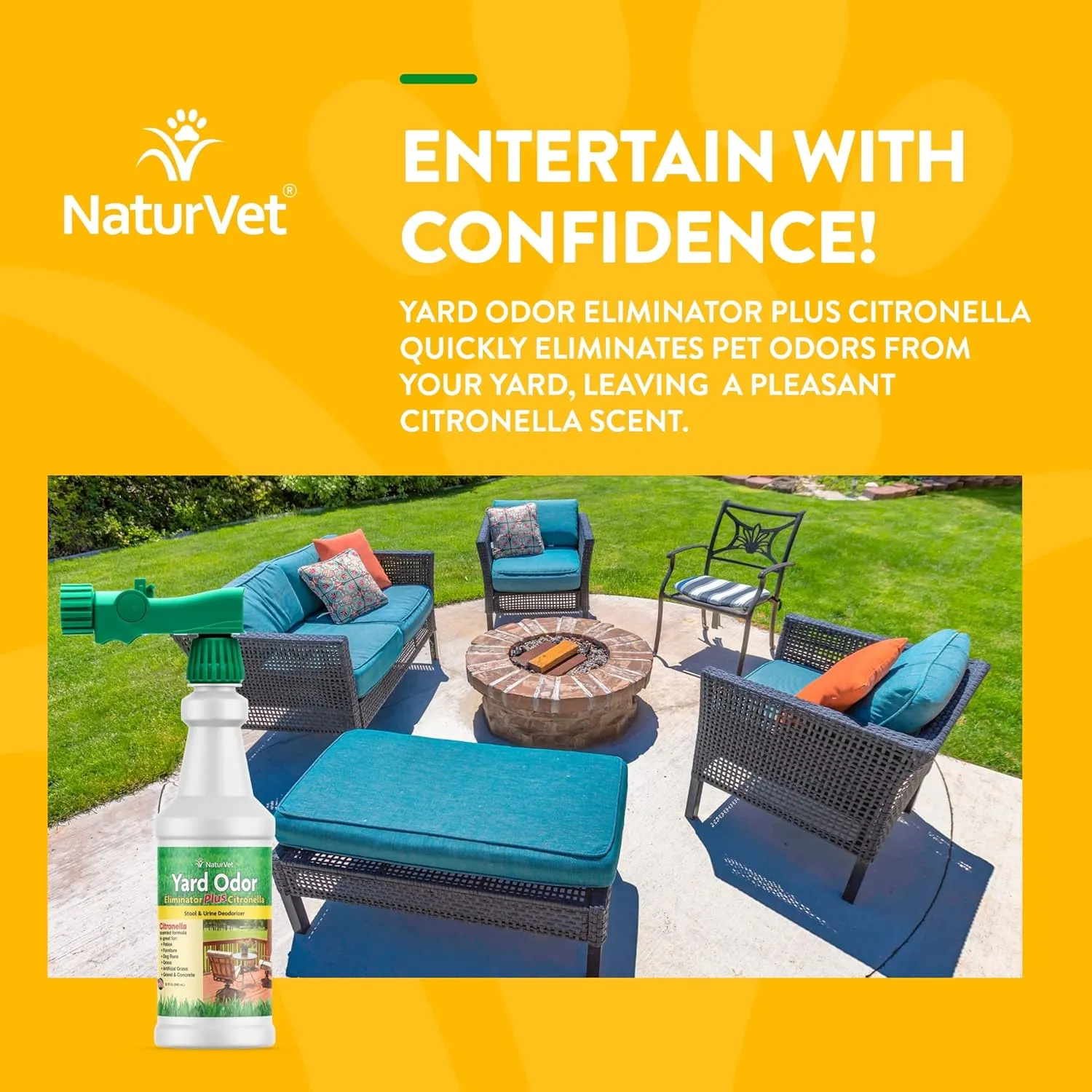 NaturVet  Yard Odor Eliminator Plus Citronella Spray  Eliminate Stool and Urine Odors from Lawn and Yard  Designed for Use on Grass, Patios, Gravel, Concrete & More  32oz with Hose Nozzle