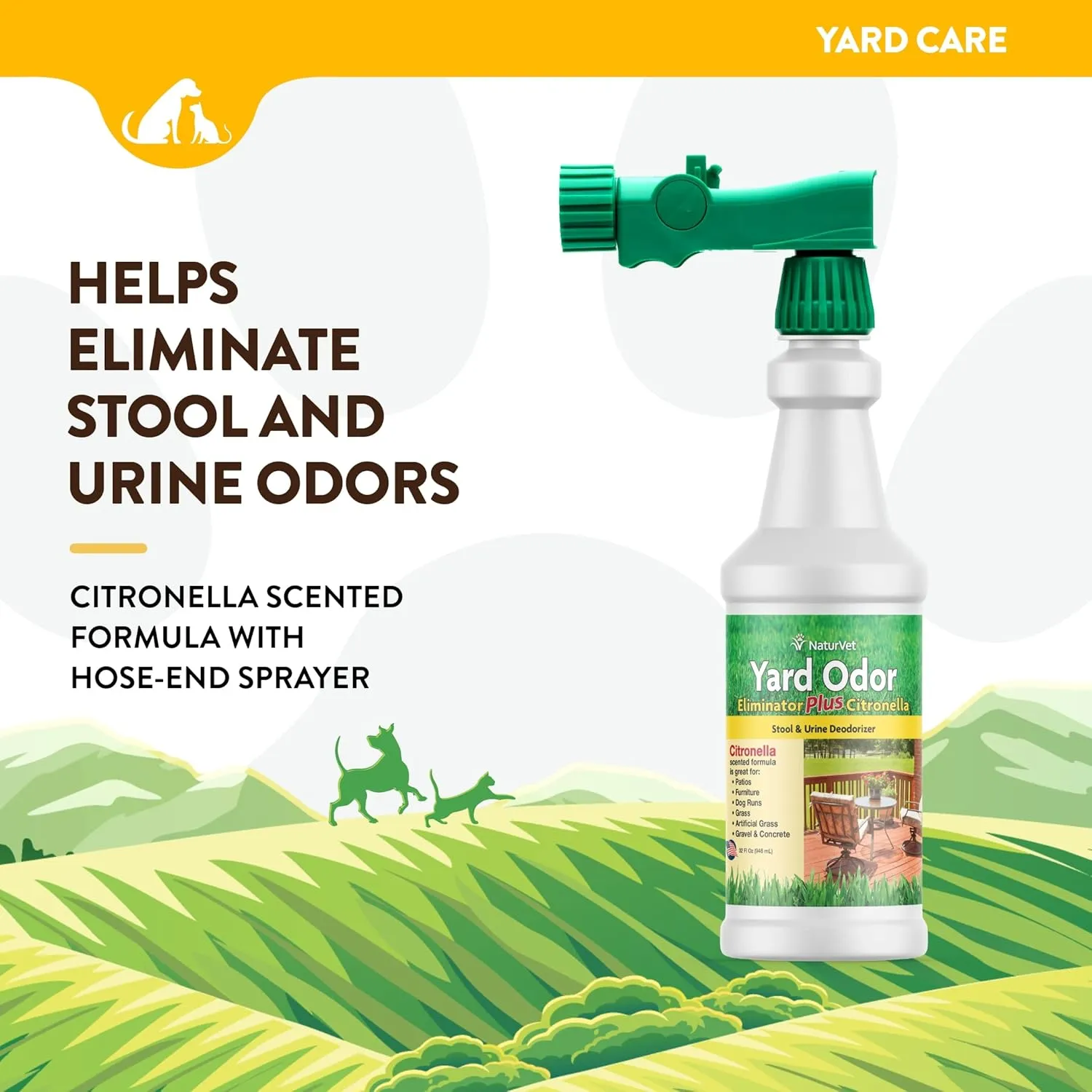 NaturVet  Yard Odor Eliminator Plus Citronella Spray  Eliminate Stool and Urine Odors from Lawn and Yard  Designed for Use on Grass, Patios, Gravel, Concrete & More  32oz with Hose Nozzle