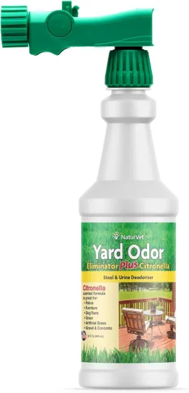 NaturVet  Yard Odor Eliminator Plus Citronella Spray  Eliminate Stool and Urine Odors from Lawn and Yard  Designed for Use on Grass, Patios, Gravel, Concrete & More  32oz with Hose Nozzle