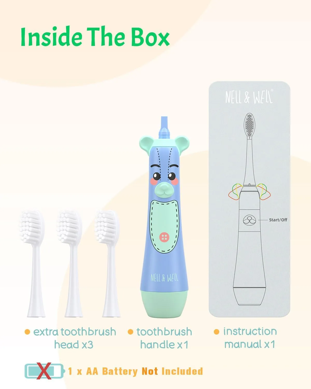 NELL&WELL Kids Electric Toothbrush, 2-Min Timer, 3 Modes with Memory, IPX 7 Waterproof, Battery Powered Kids Toothbrush with 3 Soft Bristles Heads for Children Boys and Girls Ages 3 