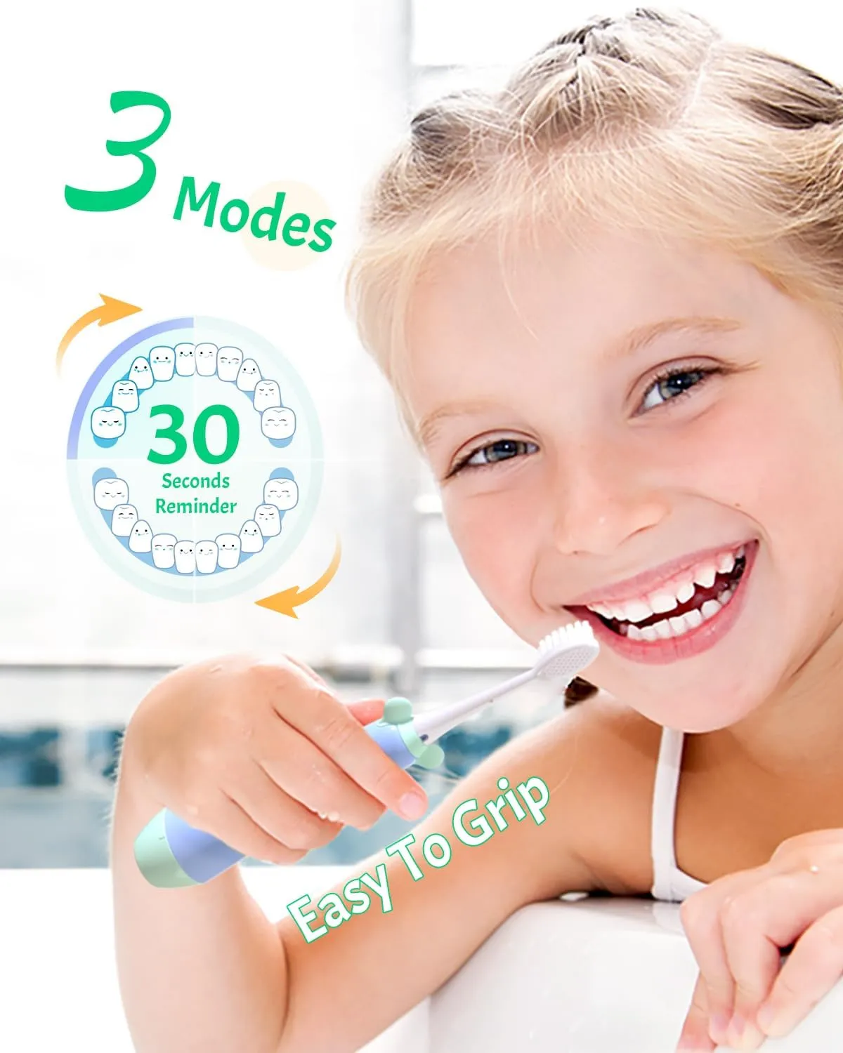 NELL&WELL Kids Electric Toothbrush, 2-Min Timer, 3 Modes with Memory, IPX 7 Waterproof, Battery Powered Kids Toothbrush with 3 Soft Bristles Heads for Children Boys and Girls Ages 3 