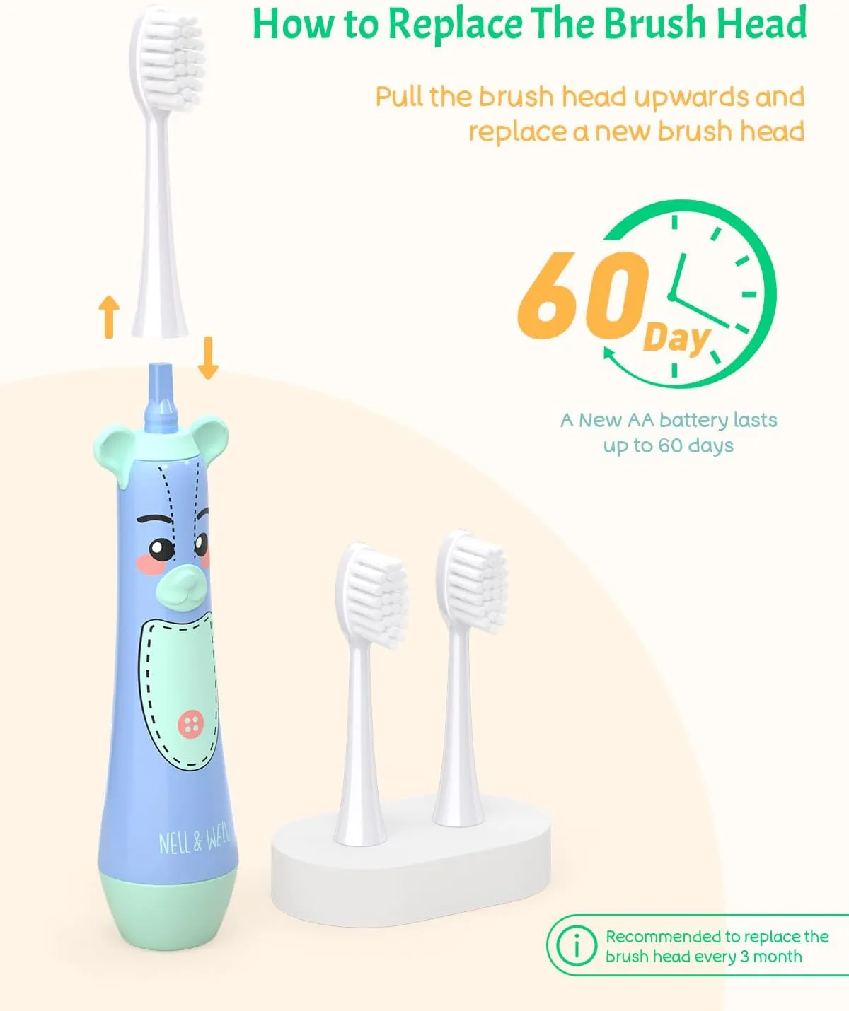 NELL&WELL Kids Electric Toothbrush, 2-Min Timer, 3 Modes with Memory, IPX 7 Waterproof, Battery Powered Kids Toothbrush with 3 Soft Bristles Heads for Children Boys and Girls Ages 3 