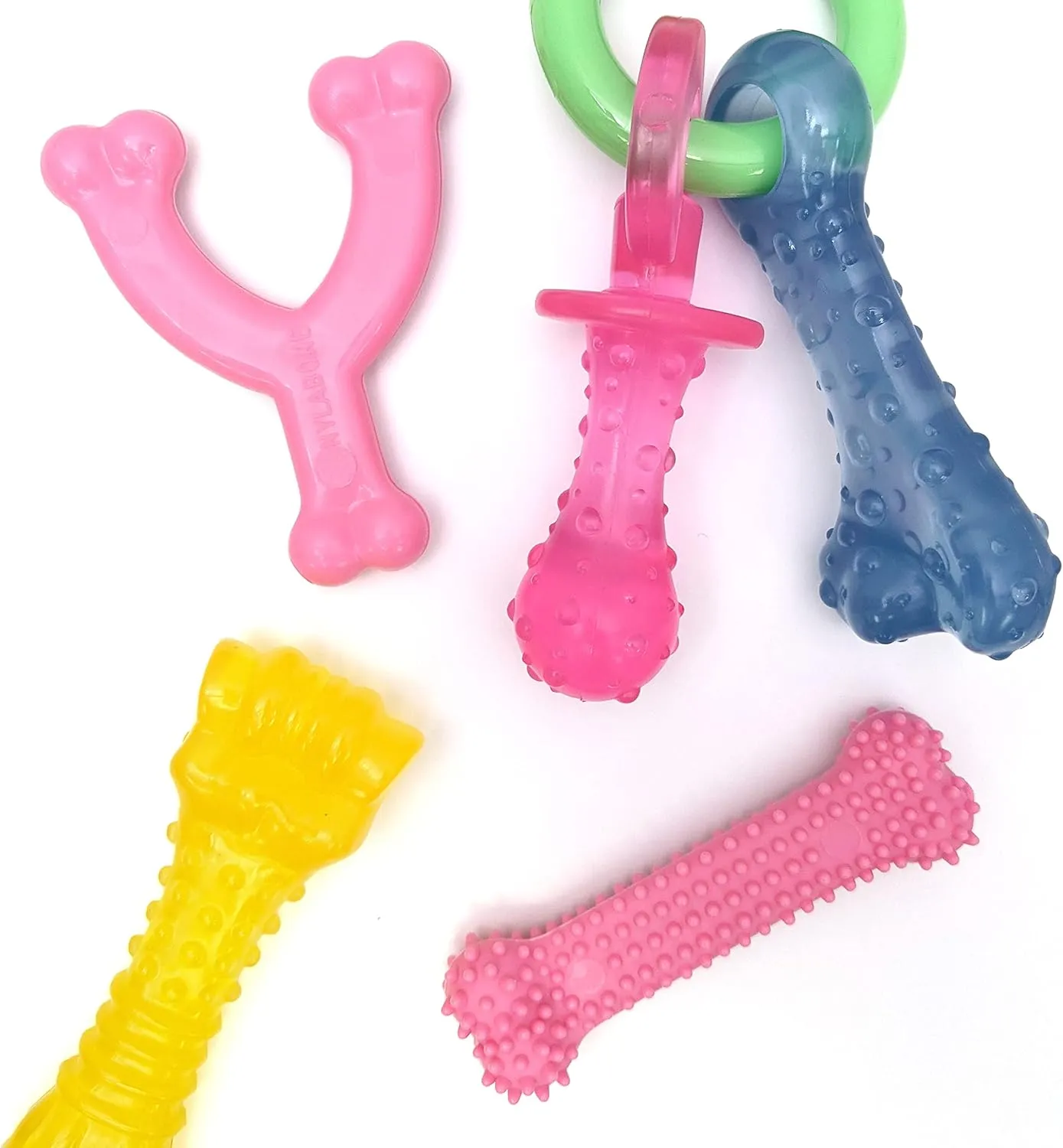 Nylabone New Puppy Chew Toy Bundle, Toys for Teething Puppies, Chicken & Bacon Flavors, Pink, X-Small - Up to 15 lbs, 4 Pack