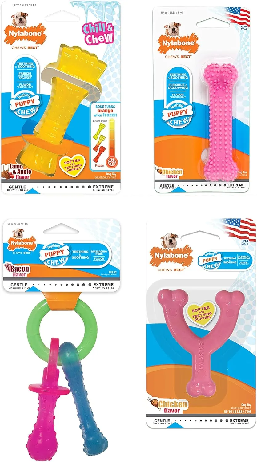 Nylabone New Puppy Chew Toy Bundle, Toys for Teething Puppies, Chicken & Bacon Flavors, Pink, X-Small - Up to 15 lbs, 4 Pack