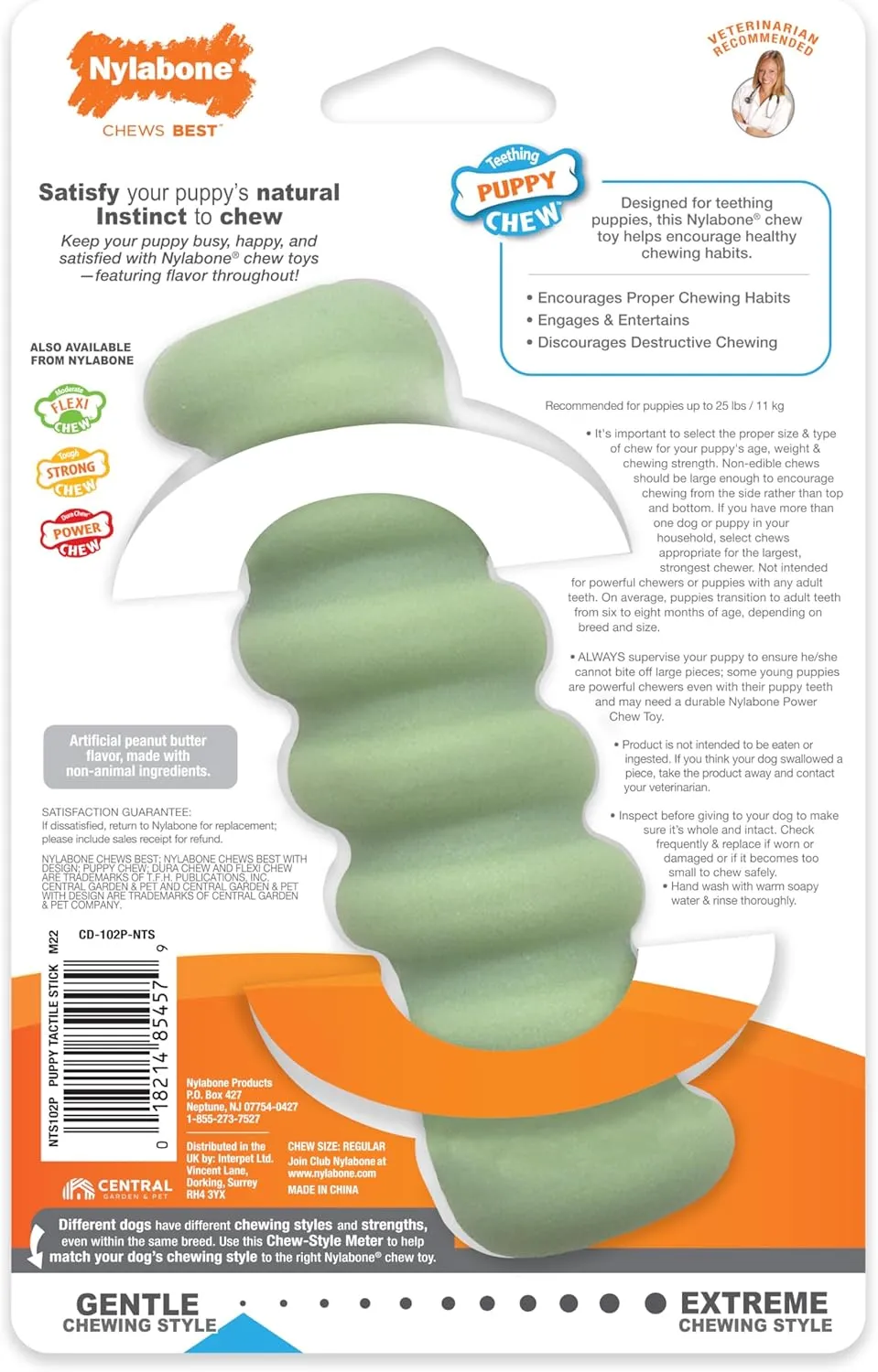 Nylabone Sensory Material Soothing Puppy Chew Toy Stick, Toys for Teething Puppies, Peanut Butter Flavor, Small - Up to 25 lbs, 1 Count