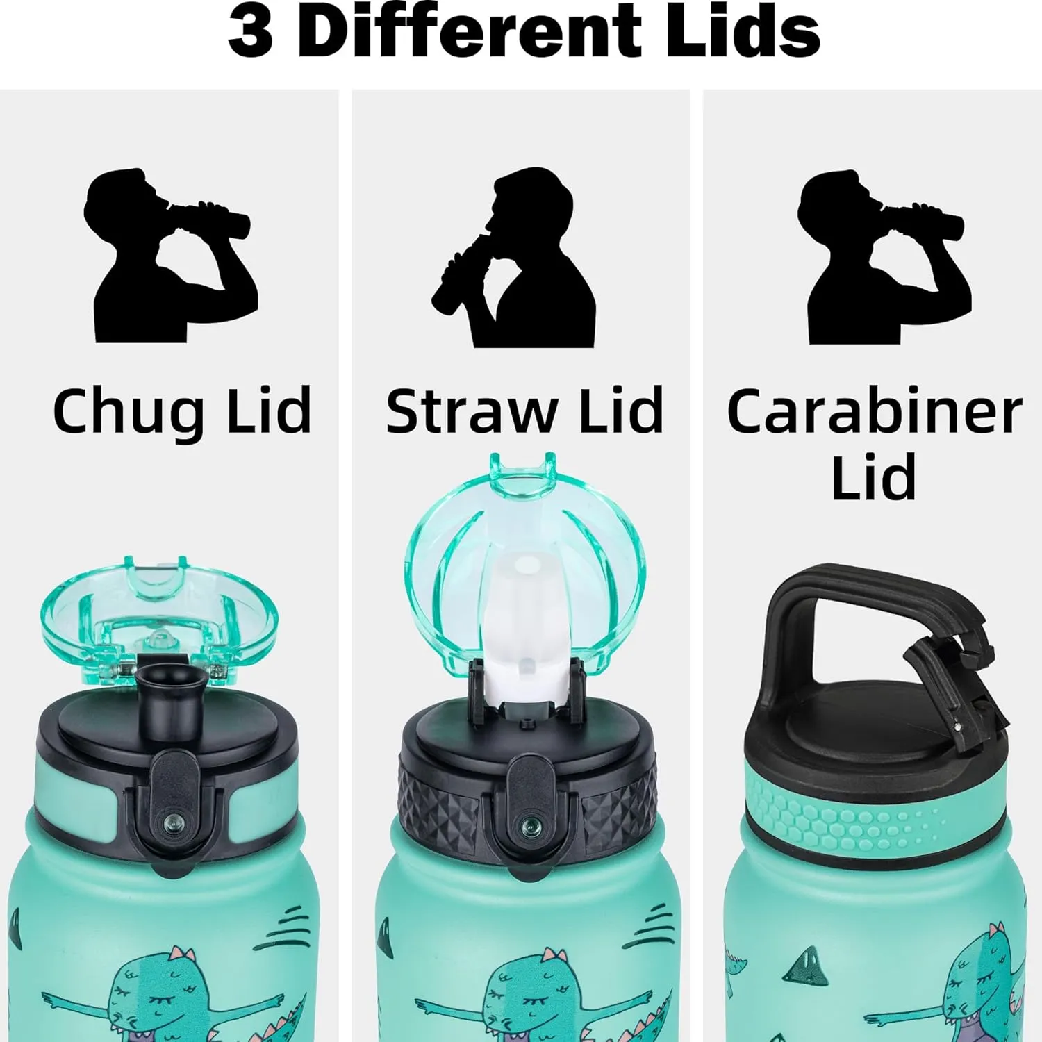 OLDLEY Insulated Water Bottle 20oz Water Bottles with Straw, Stainless Steel Water Bottle with 3 Lids, Double Wall Vacuum Bottles for Adult Kids, Sports Bottles for School Travel, Cute Dinosaur