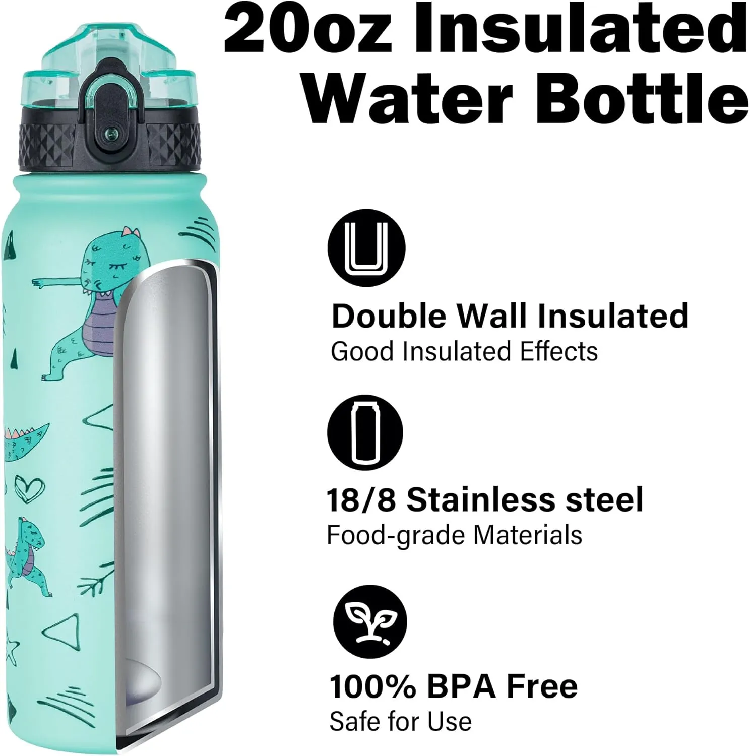 OLDLEY Insulated Water Bottle 20oz Water Bottles with Straw, Stainless Steel Water Bottle with 3 Lids, Double Wall Vacuum Bottles for Adult Kids, Sports Bottles for School Travel, Cute Dinosaur
