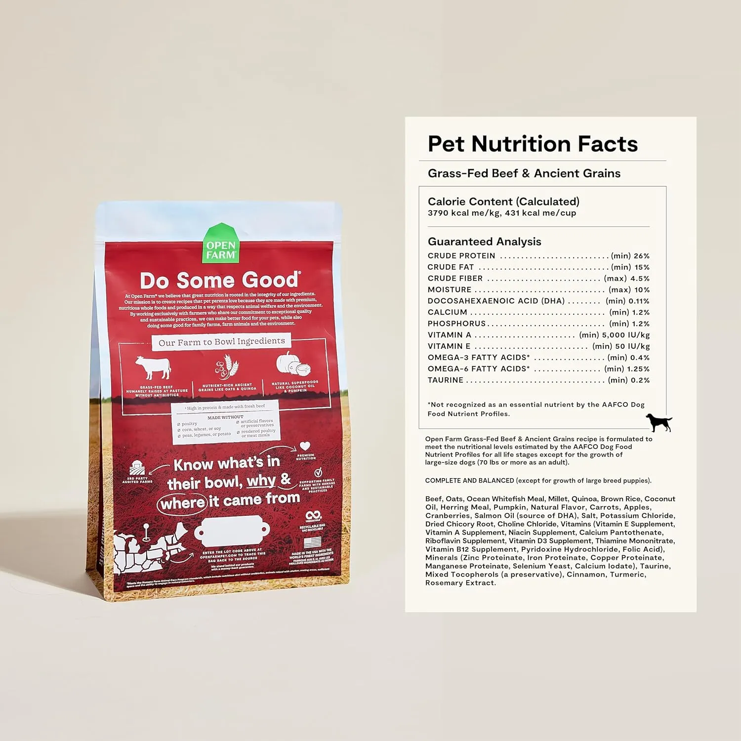 Open Farm, Ancient Grains Dry Dog Food, Protein-Rich & Nutrient Dense, 90% Animal Protein Mixed with Non-GMO Fruits, Veggies and Superfoods, Grass-Fed Beef Recipe, 22lb Bag