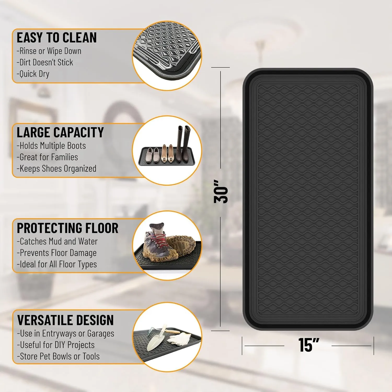 Ottomanson 15 x 30 Multi-Purpose Boot Tray - Waterproof Mat for Shoes, Pet Food, Litter Box, Painting & Planting - 1.2 Raised Edge for Spill Protection