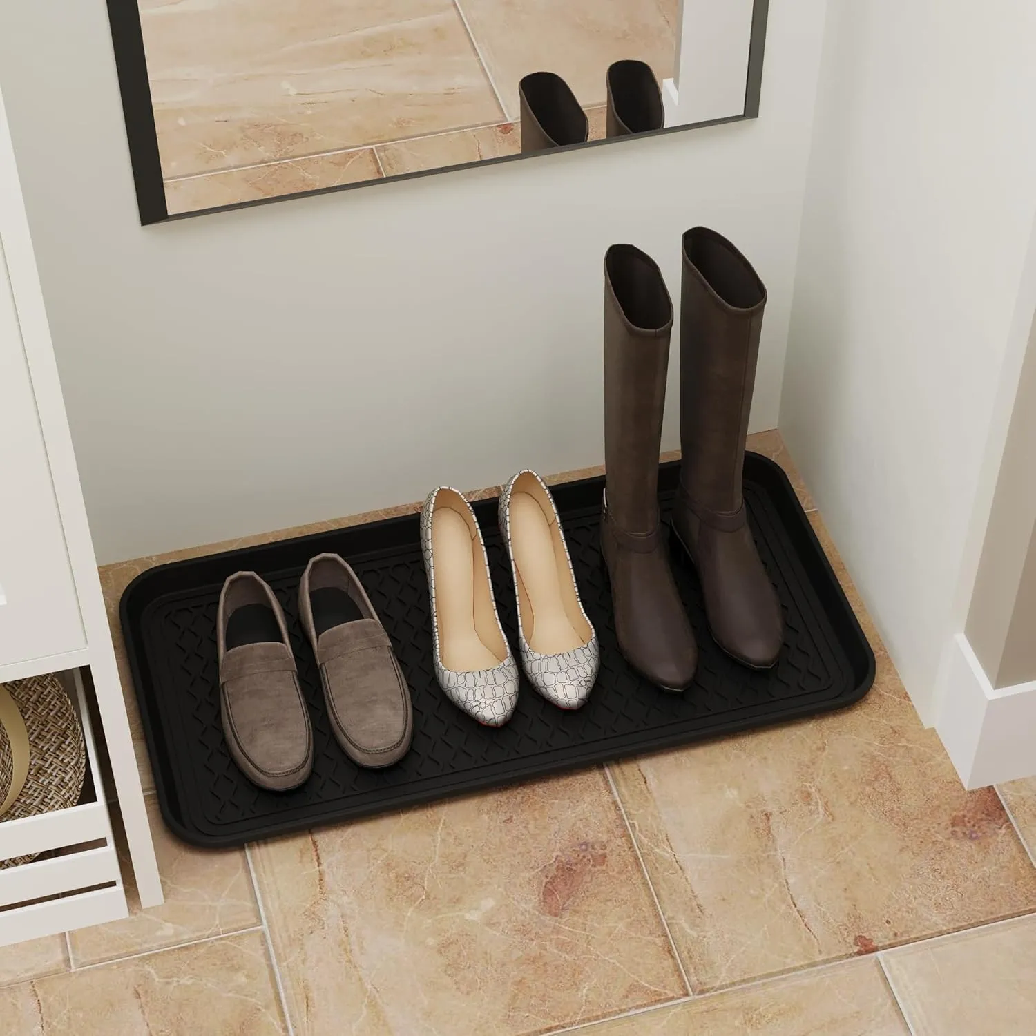 Ottomanson 15 x 30 Multi-Purpose Boot Tray - Waterproof Mat for Shoes, Pet Food, Litter Box, Painting & Planting - 1.2 Raised Edge for Spill Protection