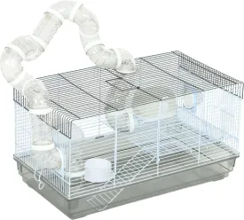 PawHut Hamster Cage, 2 Levels Gerbil Cage, Small Animal Cage for Dwarf Hamster with Tubes and Tunnels, Exercise Wheel, Food Dish, Water Bottle, Ramp, 23" x 13" x 12", Gray