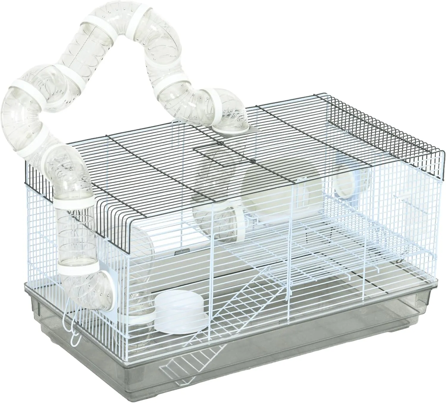 PawHut Hamster Cage, 2 Levels Gerbil Cage, Small Animal Cage for Dwarf Hamster with Tubes and Tunnels, Exercise Wheel, Food Dish, Water Bottle, Ramp, 23" x 13" x 12", Gray
