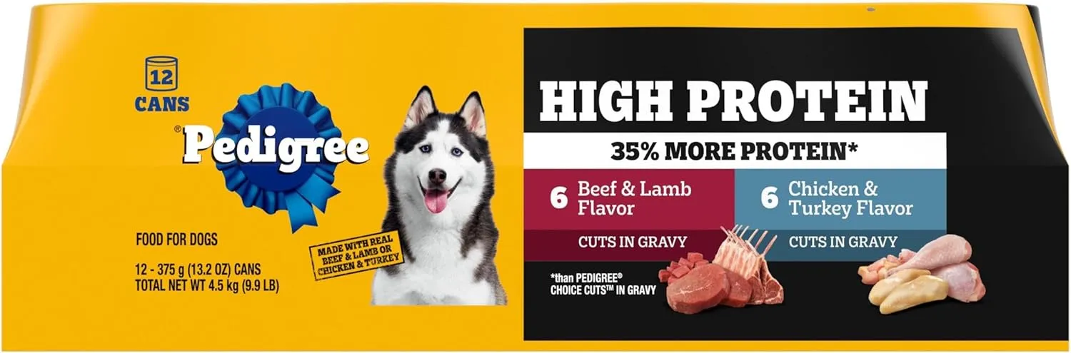 Pedigree High Protein Wet Dog Food, Beef Lamb & Chicken Turkey In Gravy Multipack 13.2 oz. Cans (12 Count, Pack of 1)