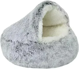 Pet Plush Fluffy Hooded Bed Cave for Small Dogs and Cats - Round Donut Calming Bed, Winter Paw Nest, Covered and Plush - Waterproof Bottom Washable, (23.623.6inch, Grey) (Gradient Grey)