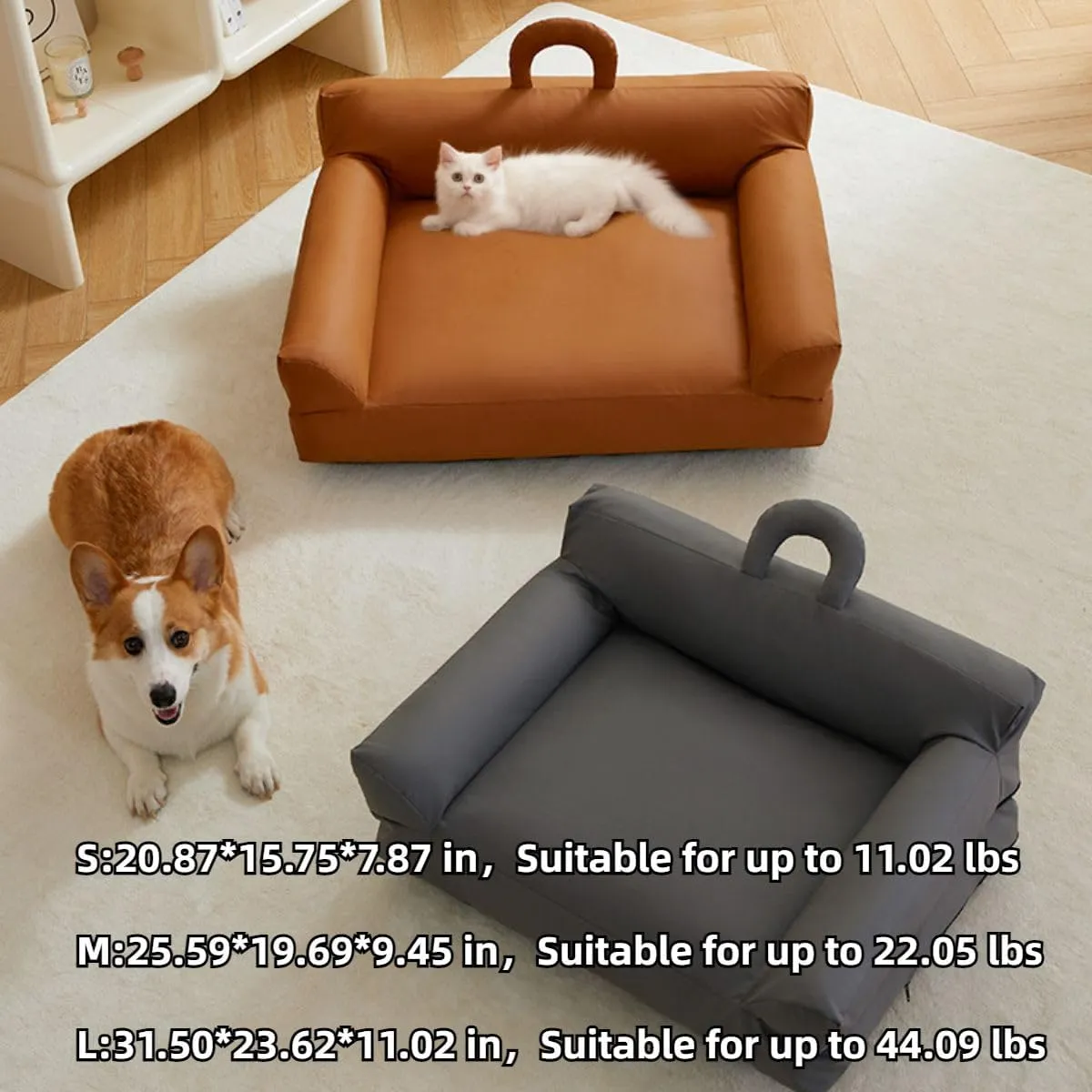 Pet Sofa Bed, Vintage Cat Puppy Faux Leather Couch with Non-Slip Bottom and Handle for Cats or Small Medium Dog Chair, Detachable and Washable, Waterproof Cat Sofa Bed (Brown,Large)
